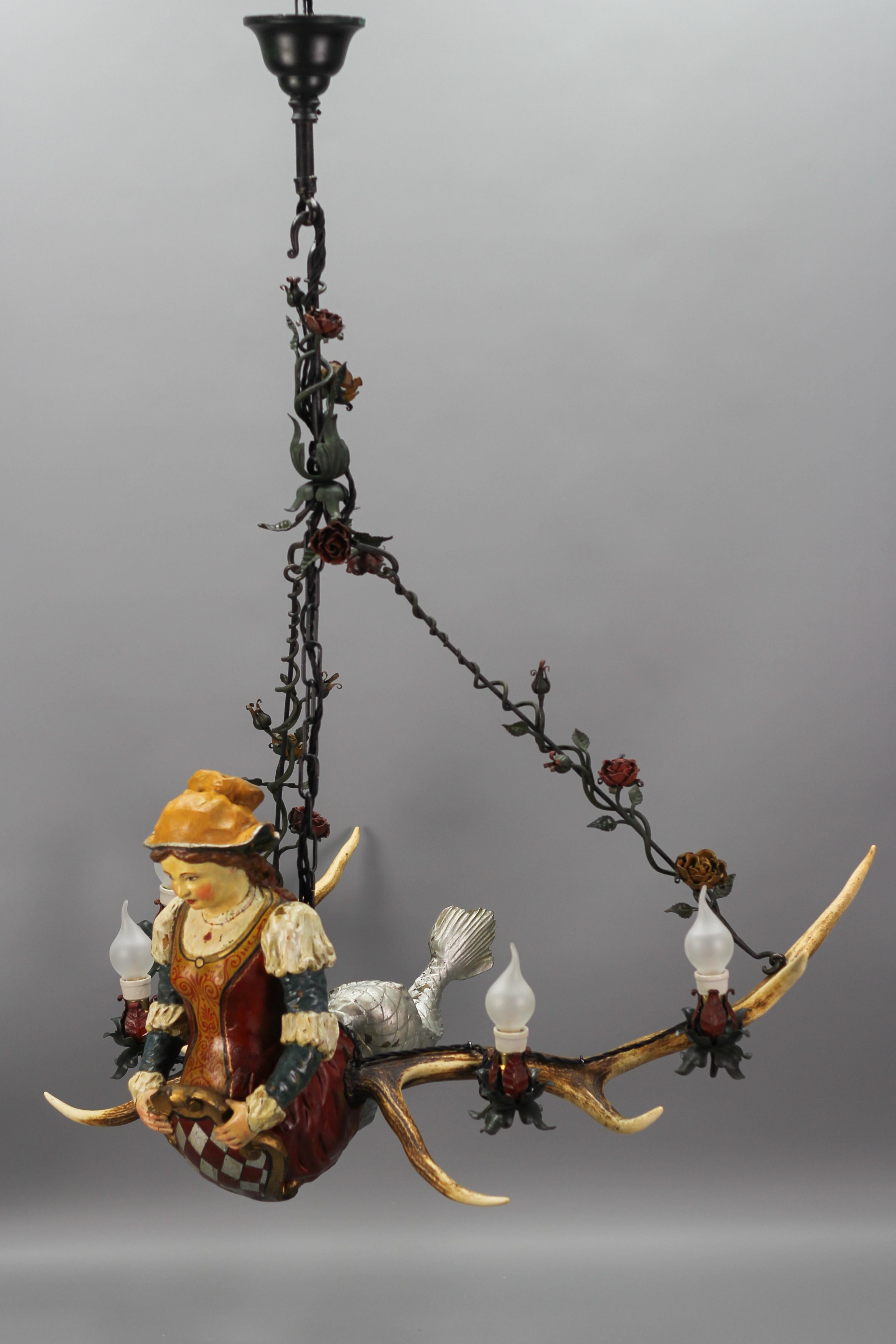 German Lusterweibchen Four-Light Chandelier w. Carved Mermaid Figure and Antlers For Sale 4