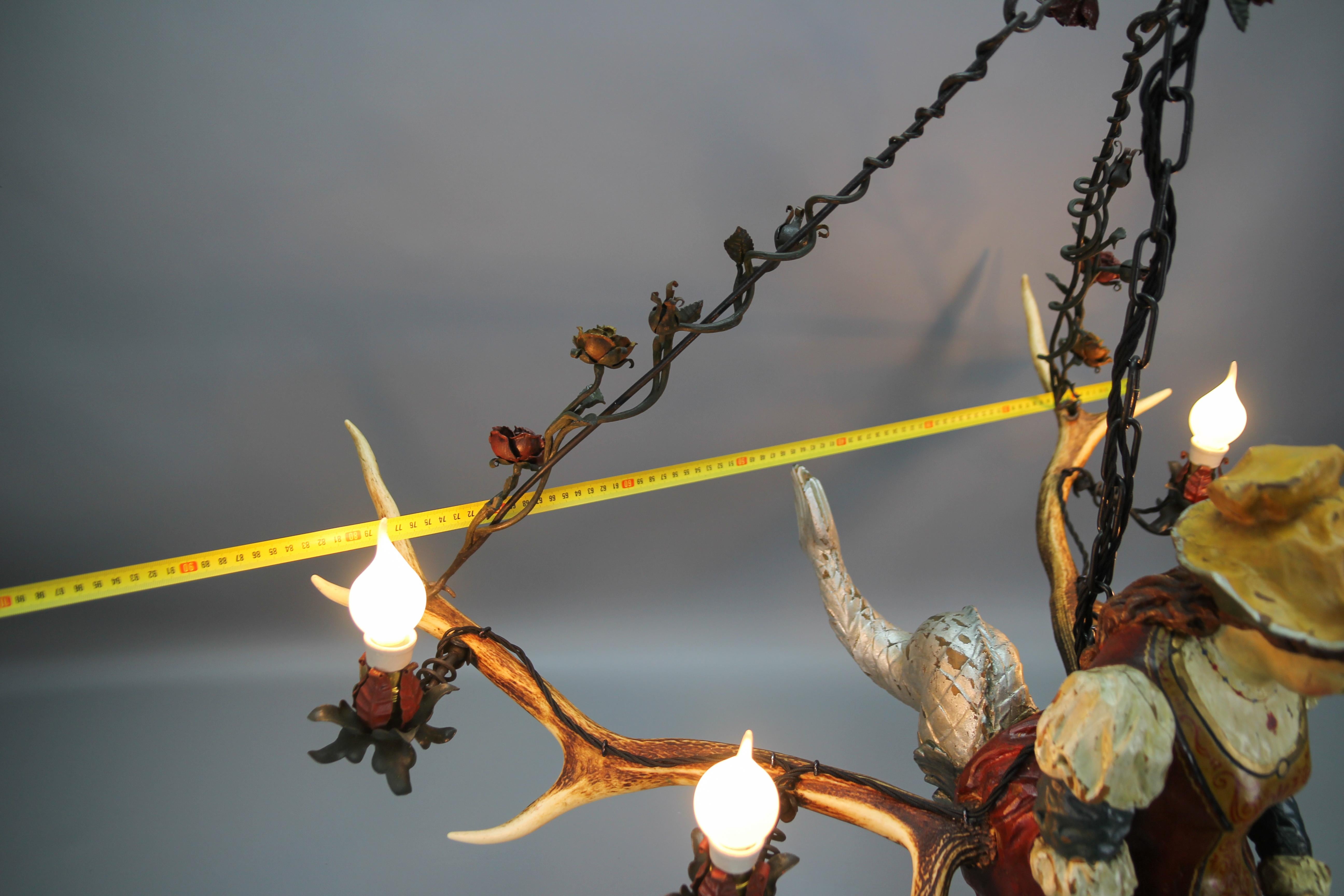 German Lusterweibchen Four-Light Chandelier w. Carved Mermaid Figure and Antlers For Sale 7