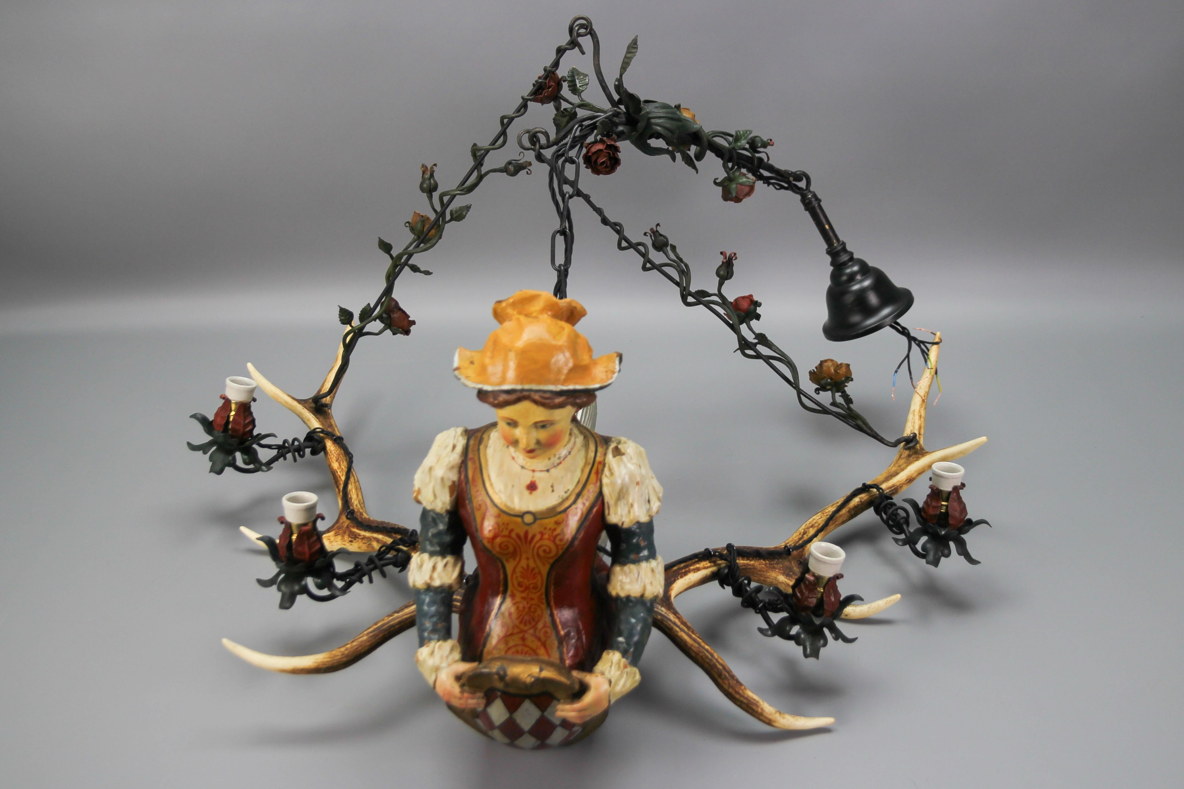 German Lusterweibchen Four-Light Chandelier w. Carved Mermaid Figure and Antlers For Sale 8