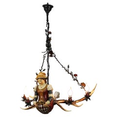 German Lusterweibchen Four-Light Chandelier w. Carved Mermaid Figure and Antlers