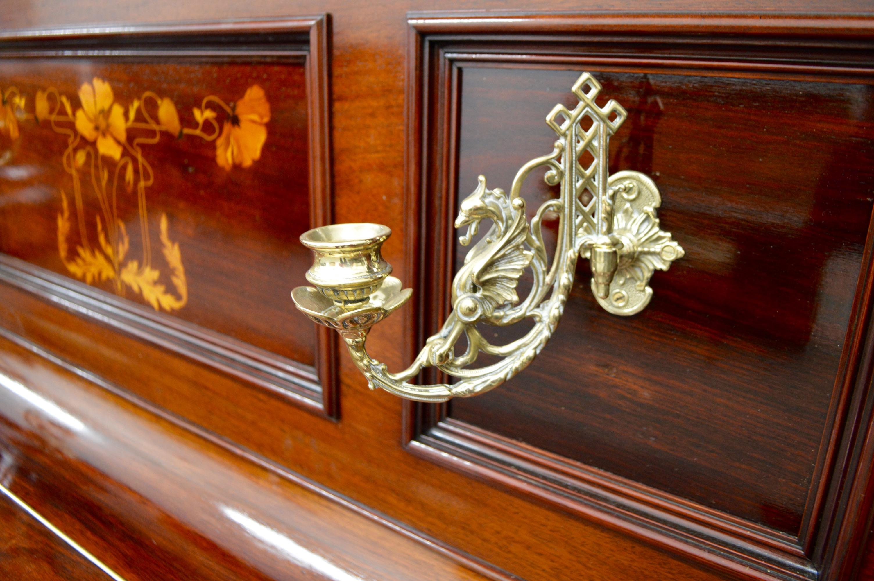 Late 19th Century German Made Knauss Piano with Inlaid Rosewood Cabinet and Candelabra