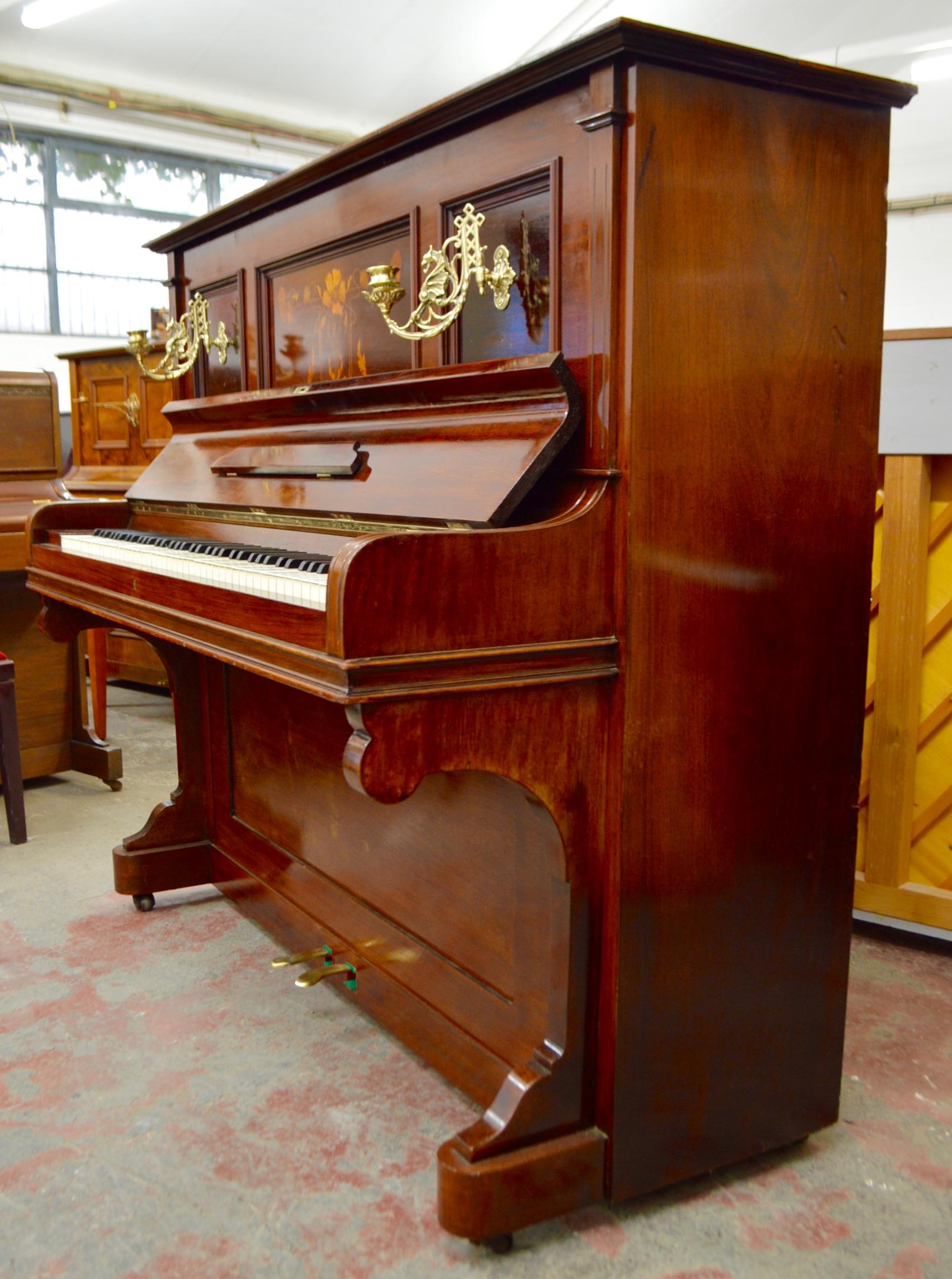 German Made Knauss Piano with Inlaid Rosewood Cabinet and Candelabra 2