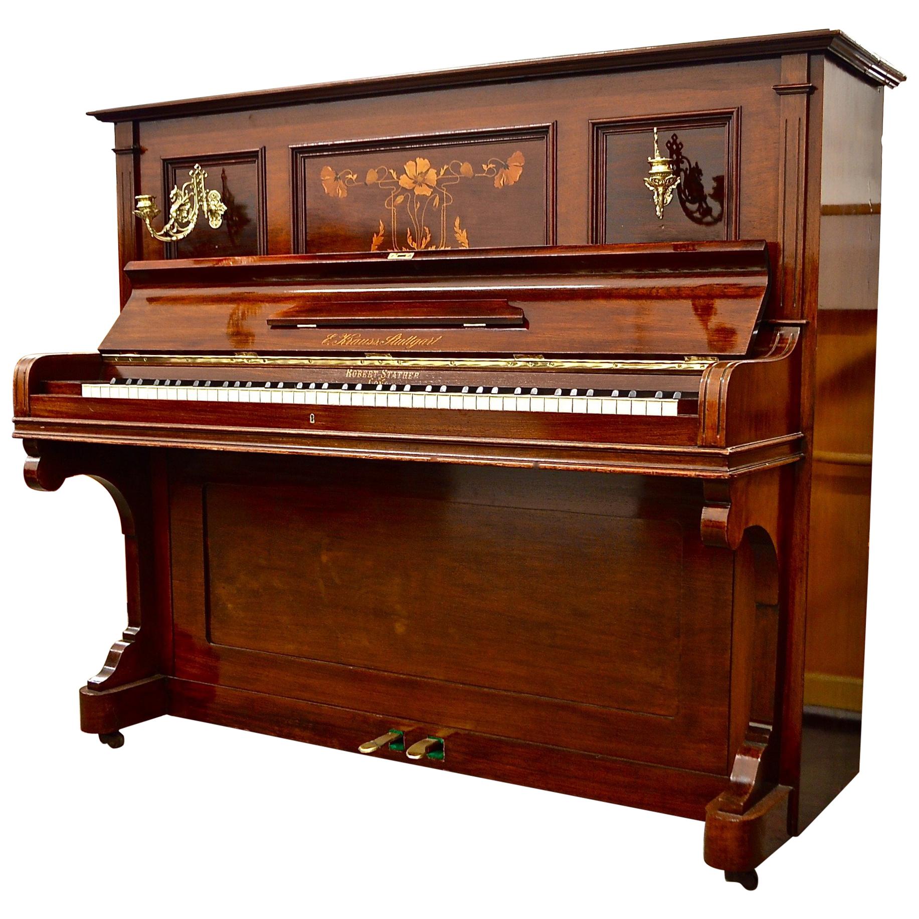 German Made Knauss Piano with Inlaid Rosewood Cabinet and Candelabra