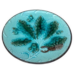 German Majolica Beetle & Oak Leaves Plate circa 1890