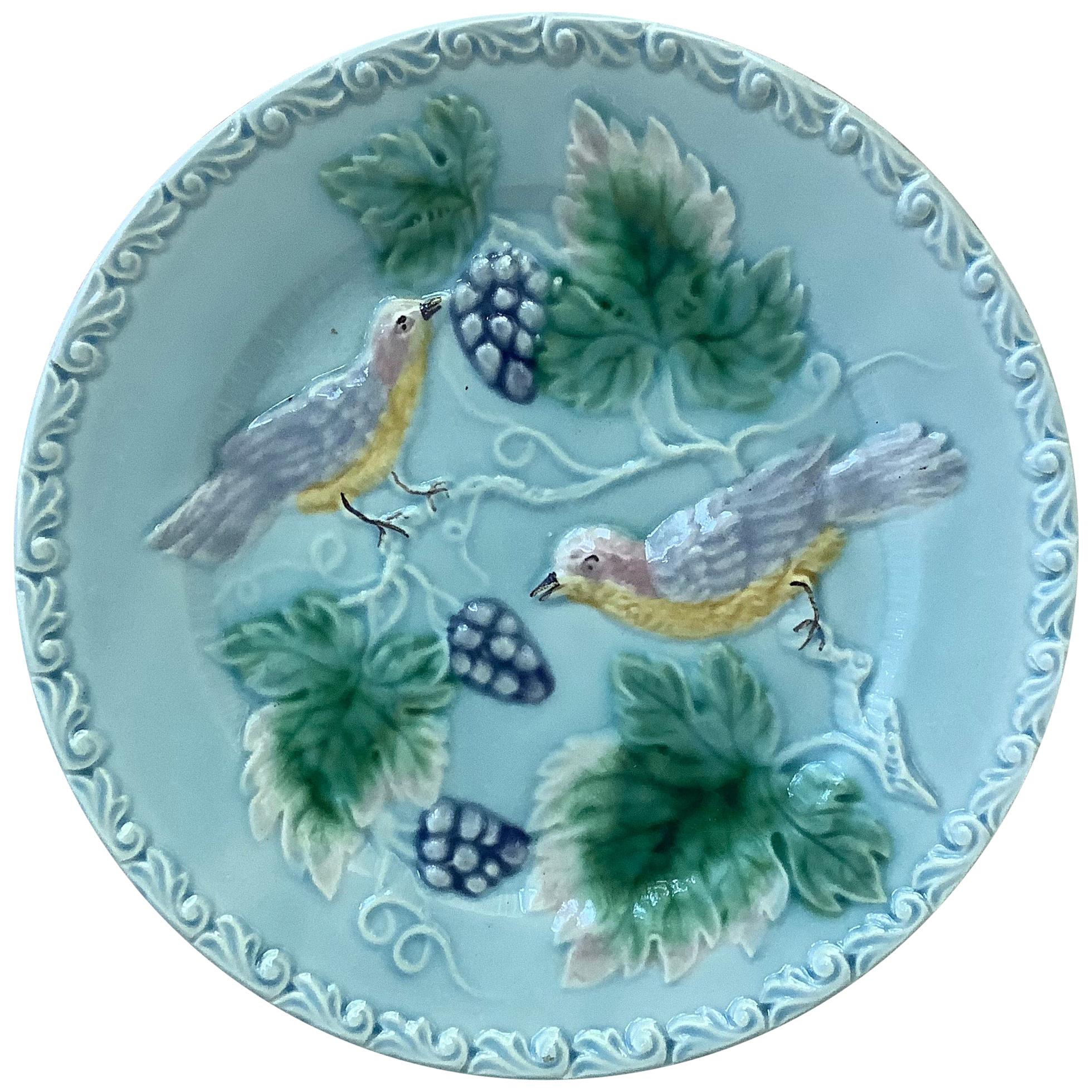 German Majolica Birds and Grapes Plate, circa 1900
