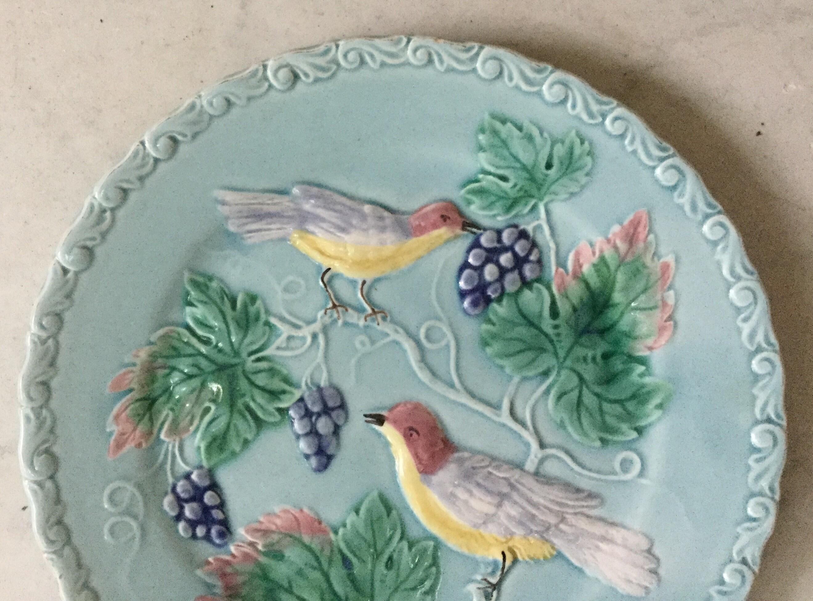German Majolica birds and grapes plate, circa 1900.
2 plates available.