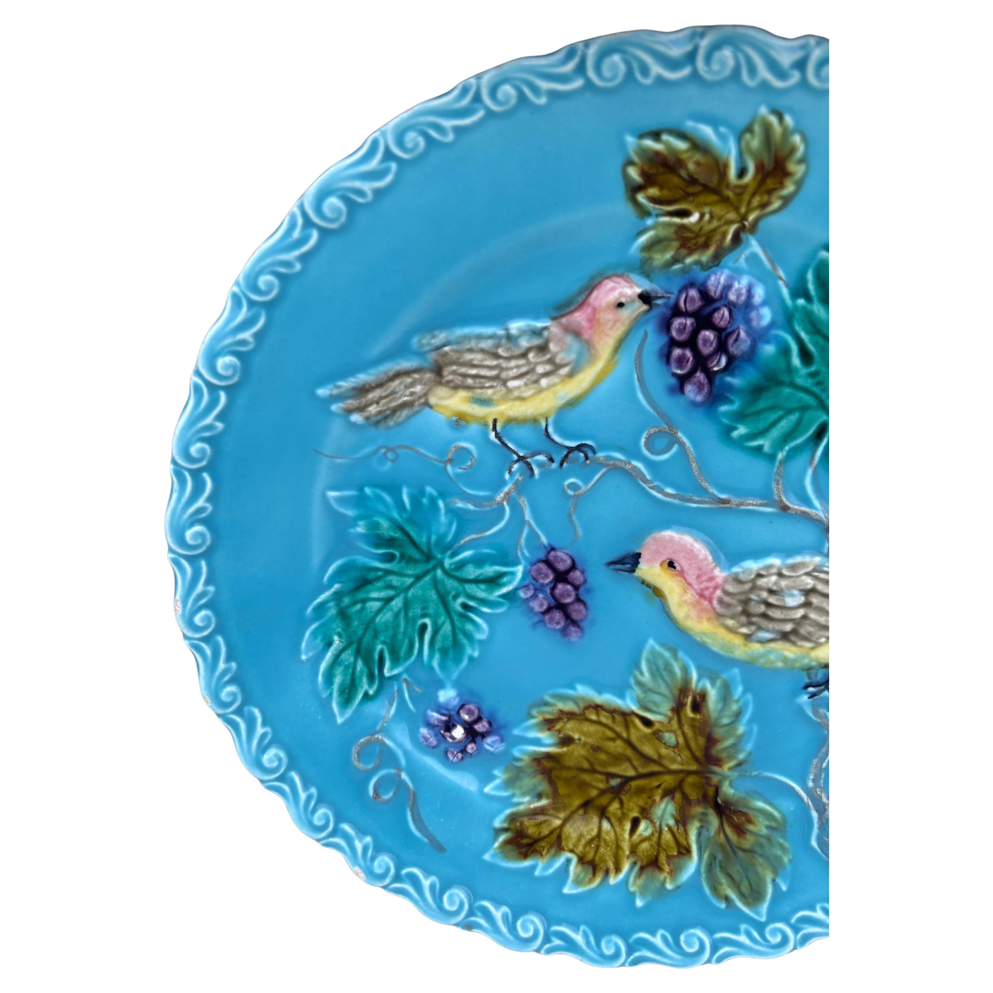 Rustic German Majolica Birds & Grapes Plate, circa 1900 For Sale