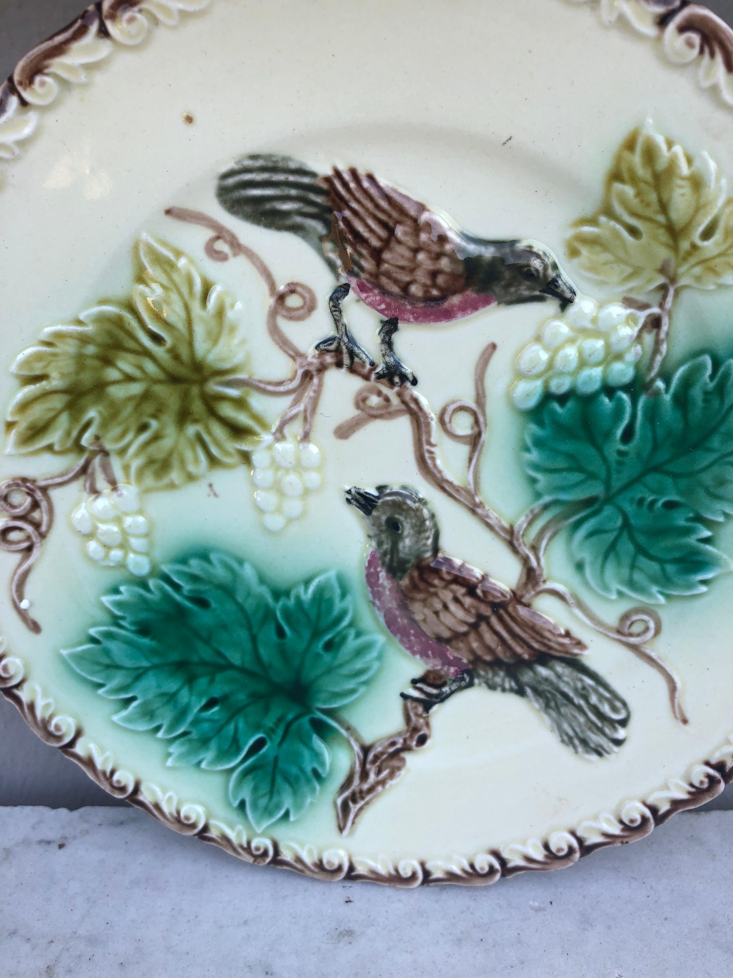 Rustic German Majolica Birds & Grapes Plate Circa 1900 For Sale