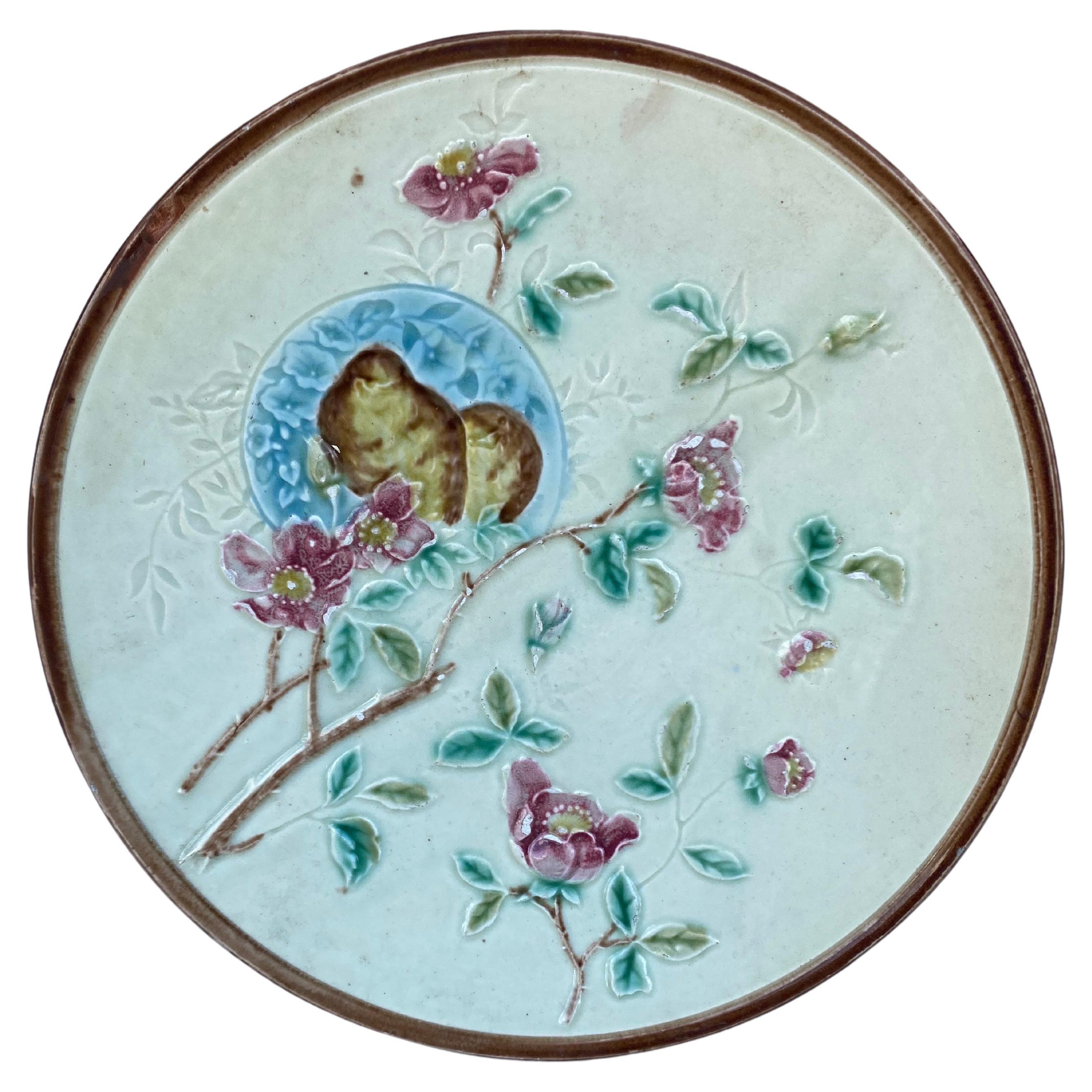 German Majolica Birds & Roses Plate, Circa 1900