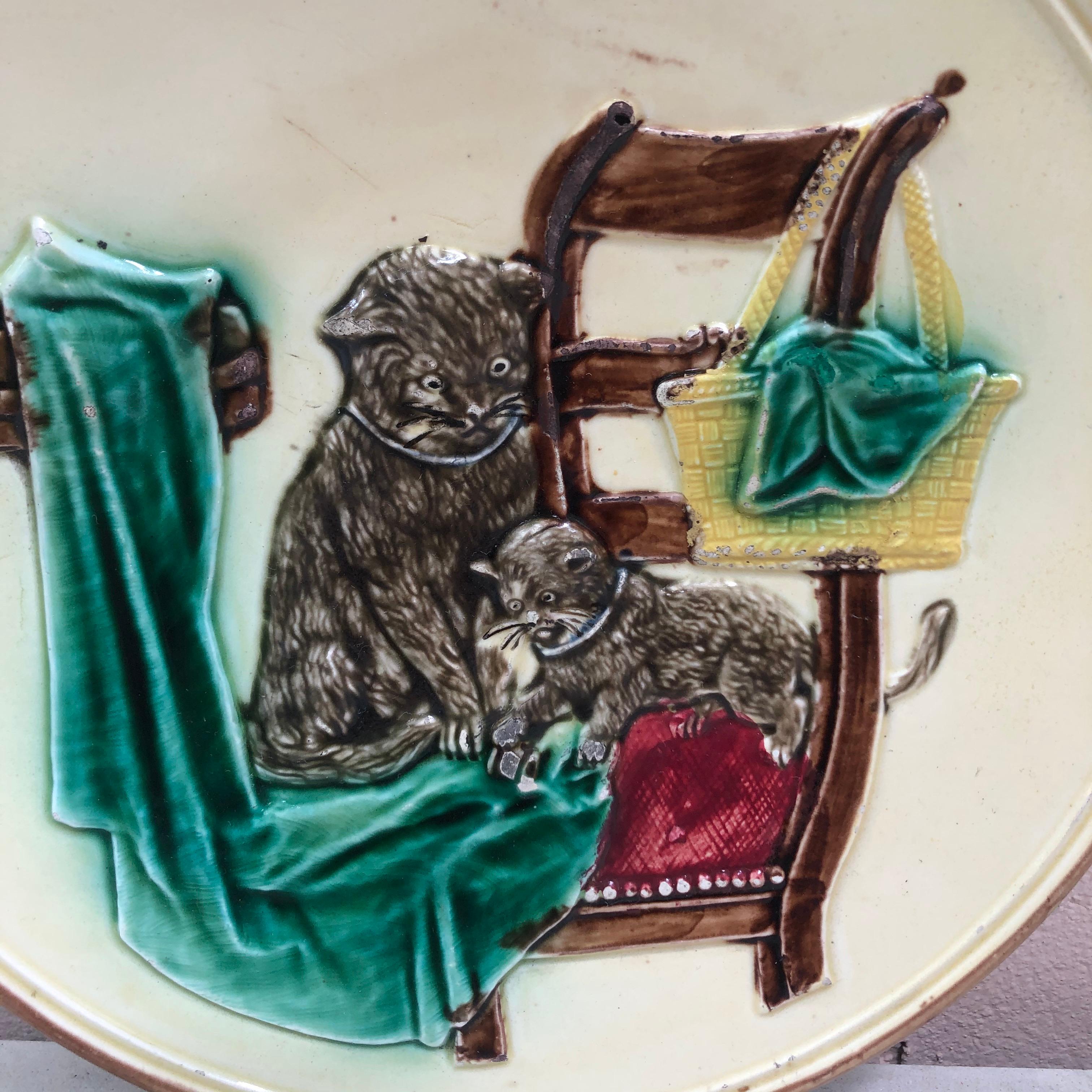 Lovely German Majolica cat with her kitten plate, circa 1900.