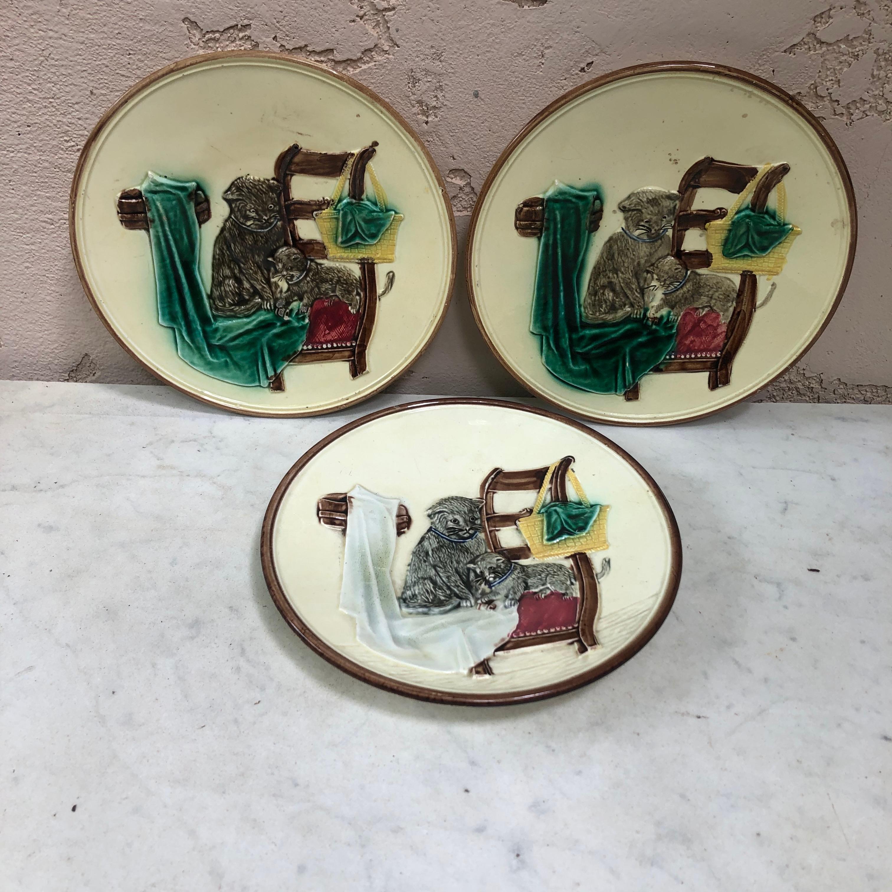 German Majolica Cat Wall Plate, circa 1900 In Good Condition For Sale In Austin, TX