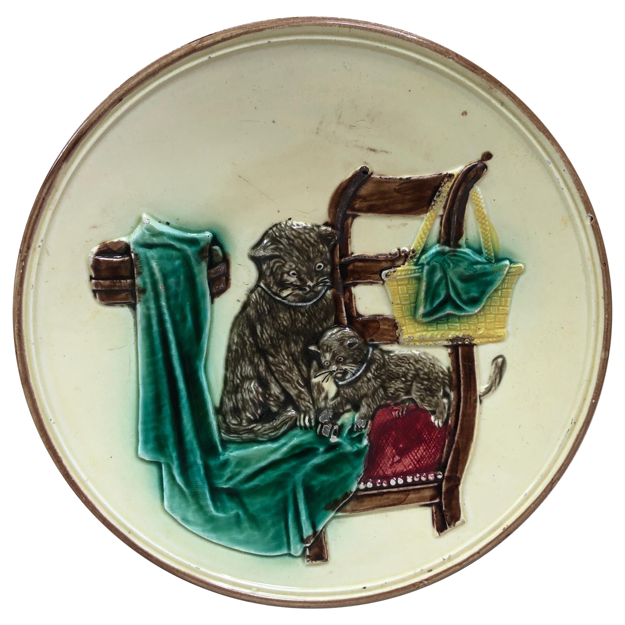 German Majolica Cat Wall Plate, circa 1900 For Sale