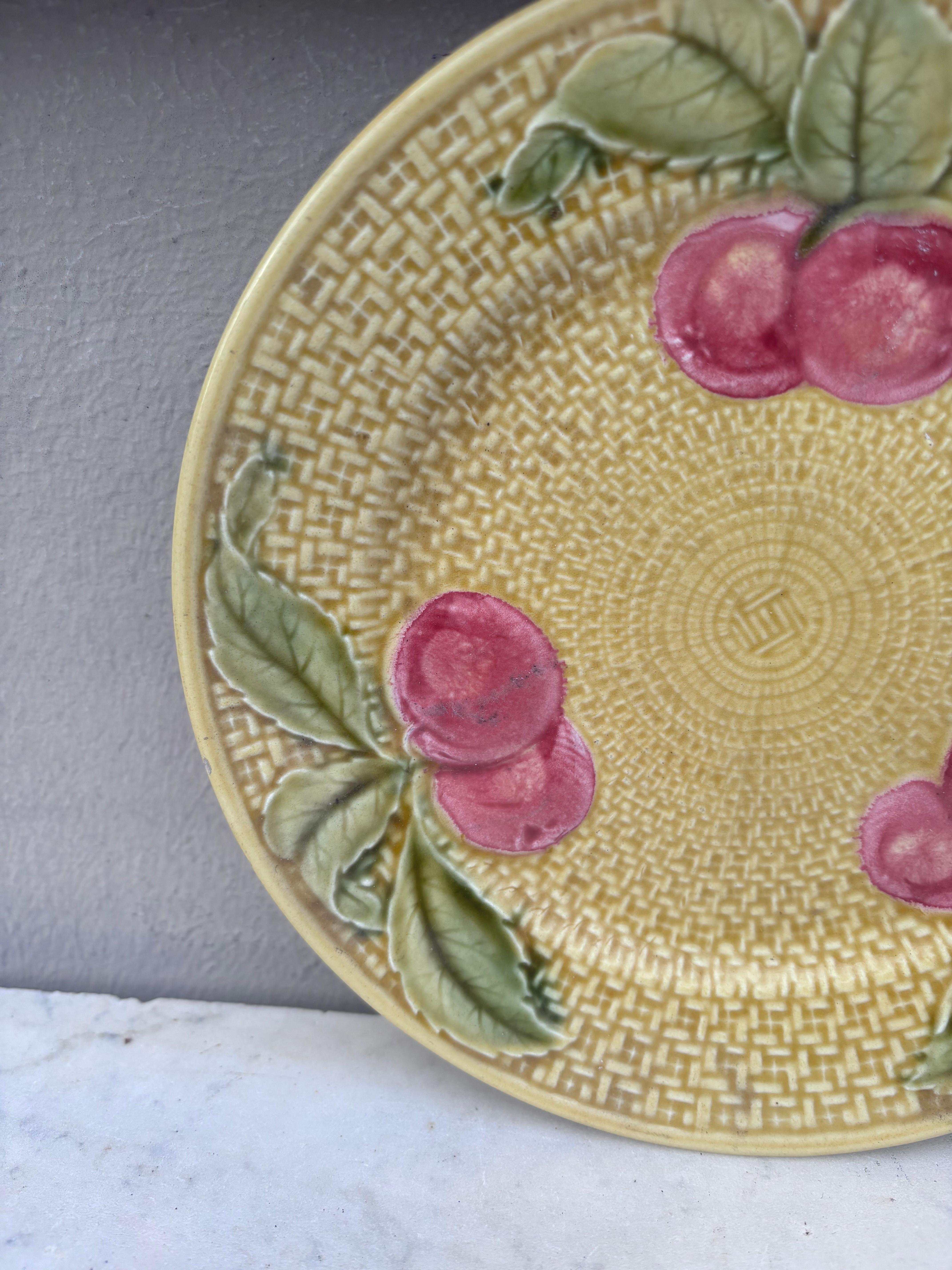 Rustic German Majolica Cherries Plate, Circa 1900 For Sale