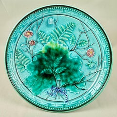 German Majolica Fern Leaf Greek Key Footed Comport