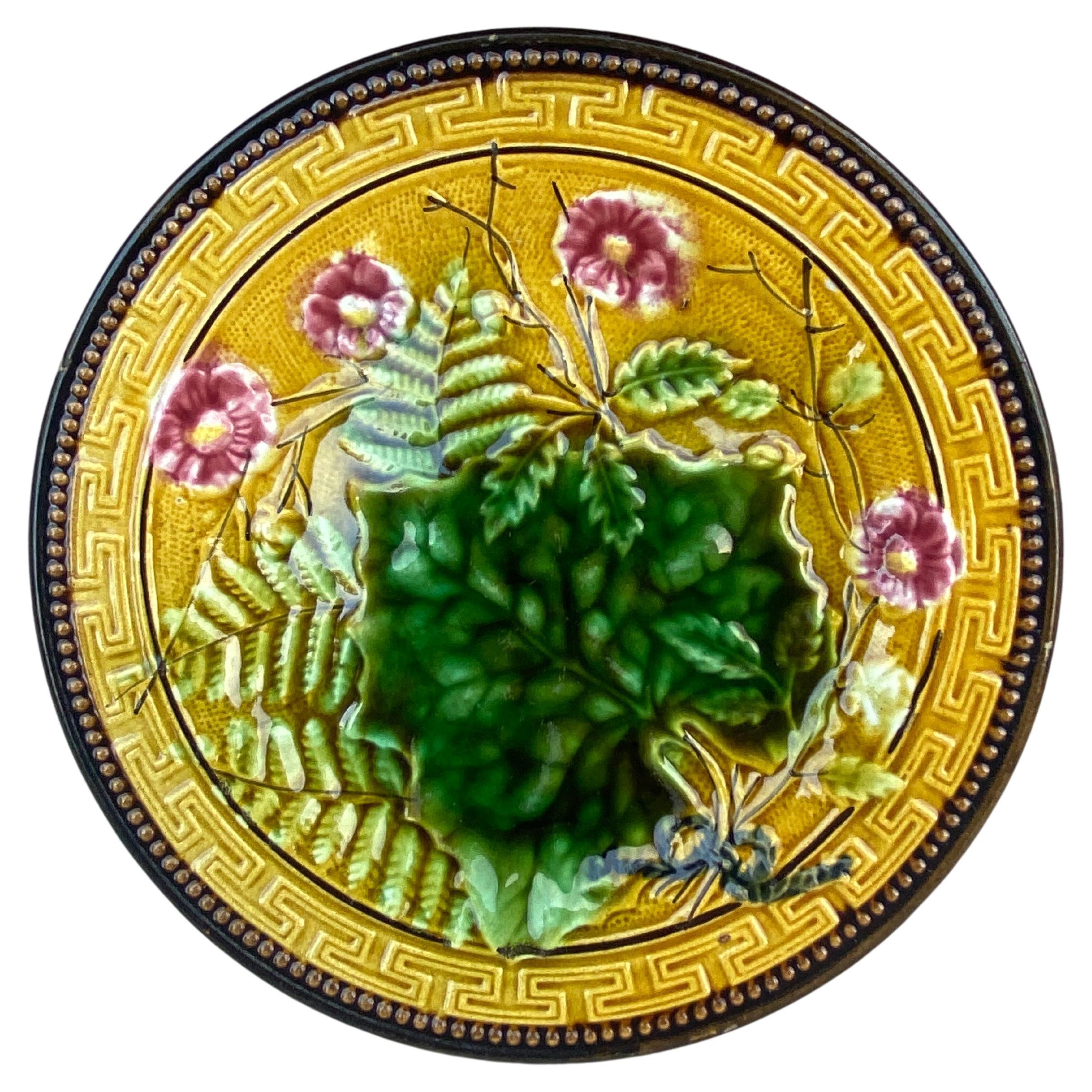 German Majolica Flowers & Leaves Plate Zell circa 1900 For Sale