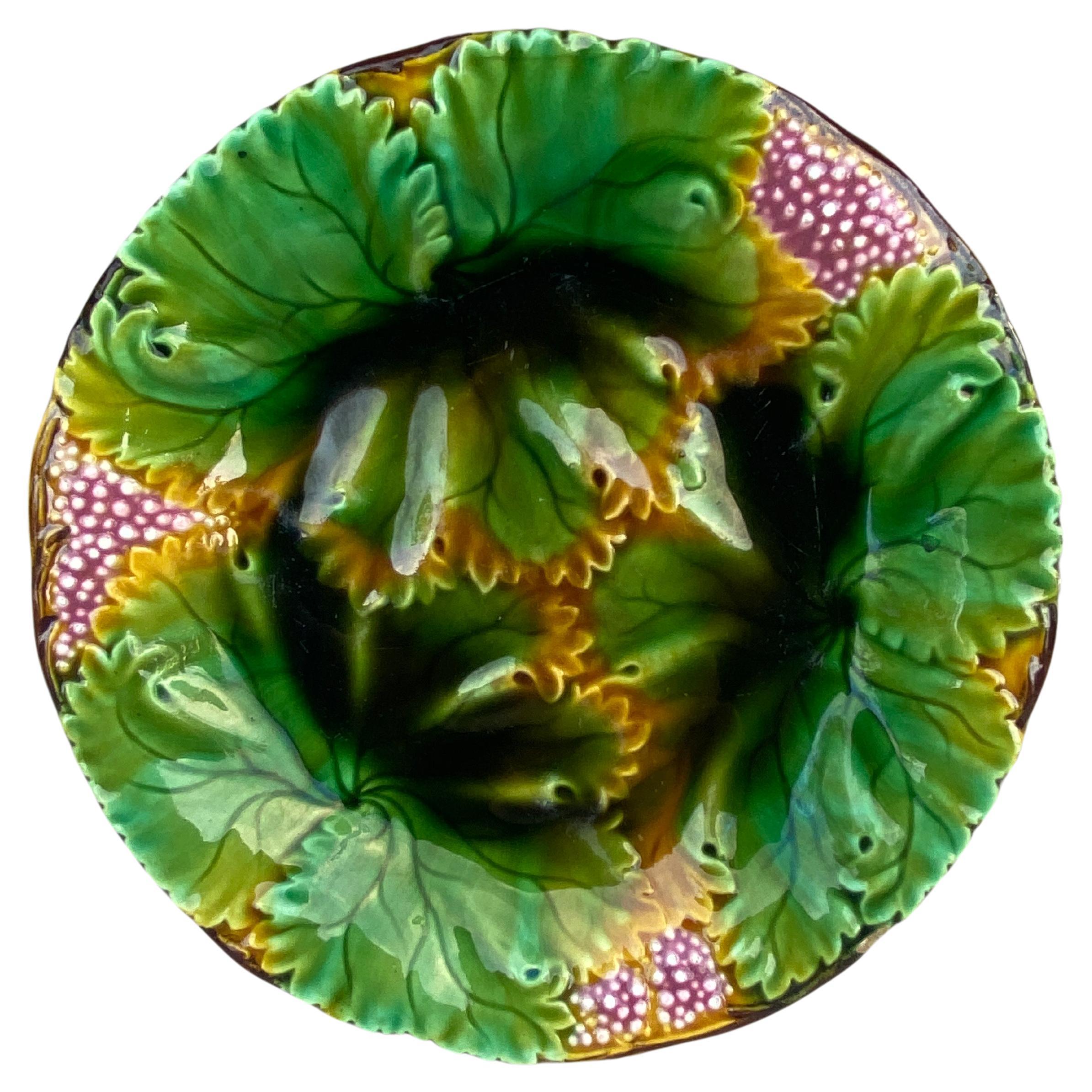 German Majolica Leaves & Flowers Plate circa 1900