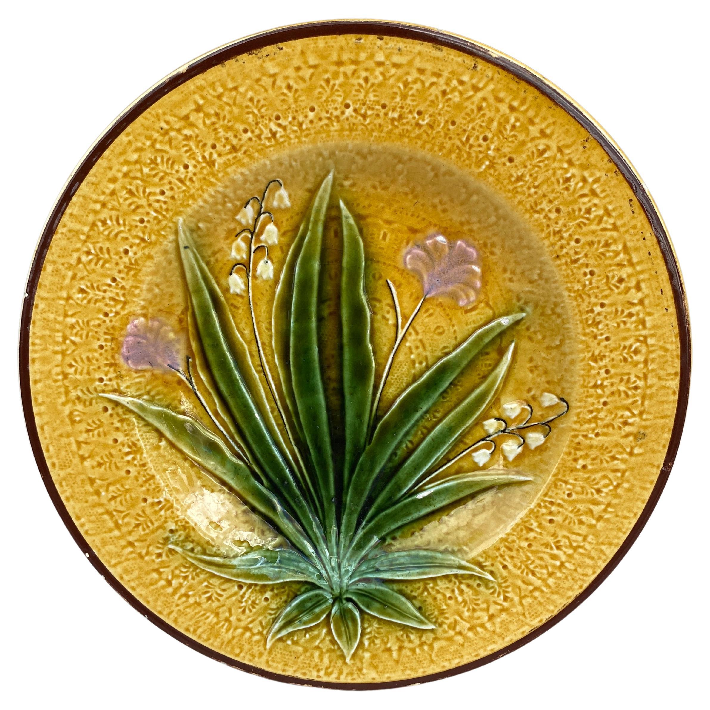 German Majolica Lily of the Valley Plate circa 1890 For Sale