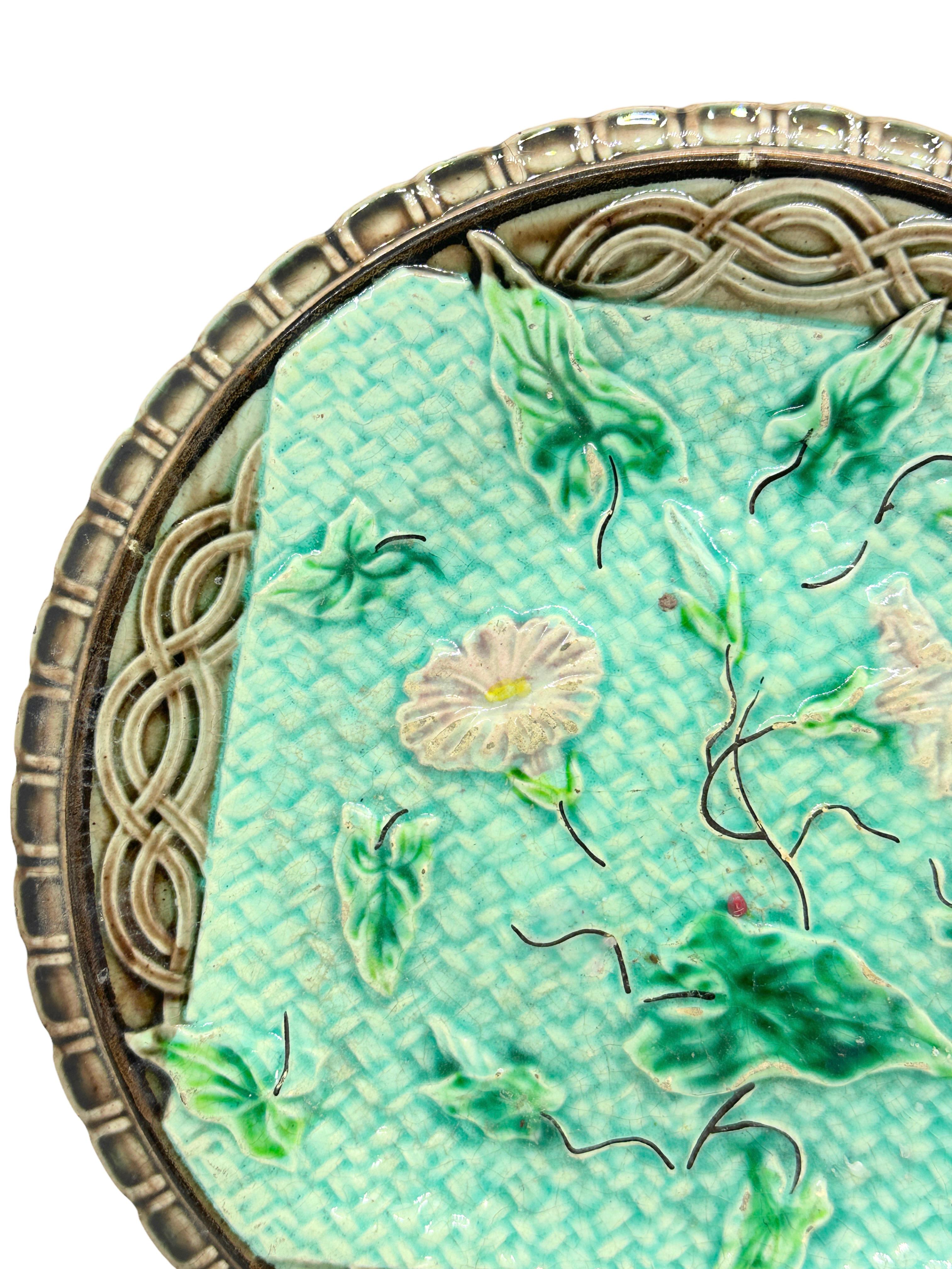 German Majolica Plate with Morning Glory, circa 1900 For Sale 3