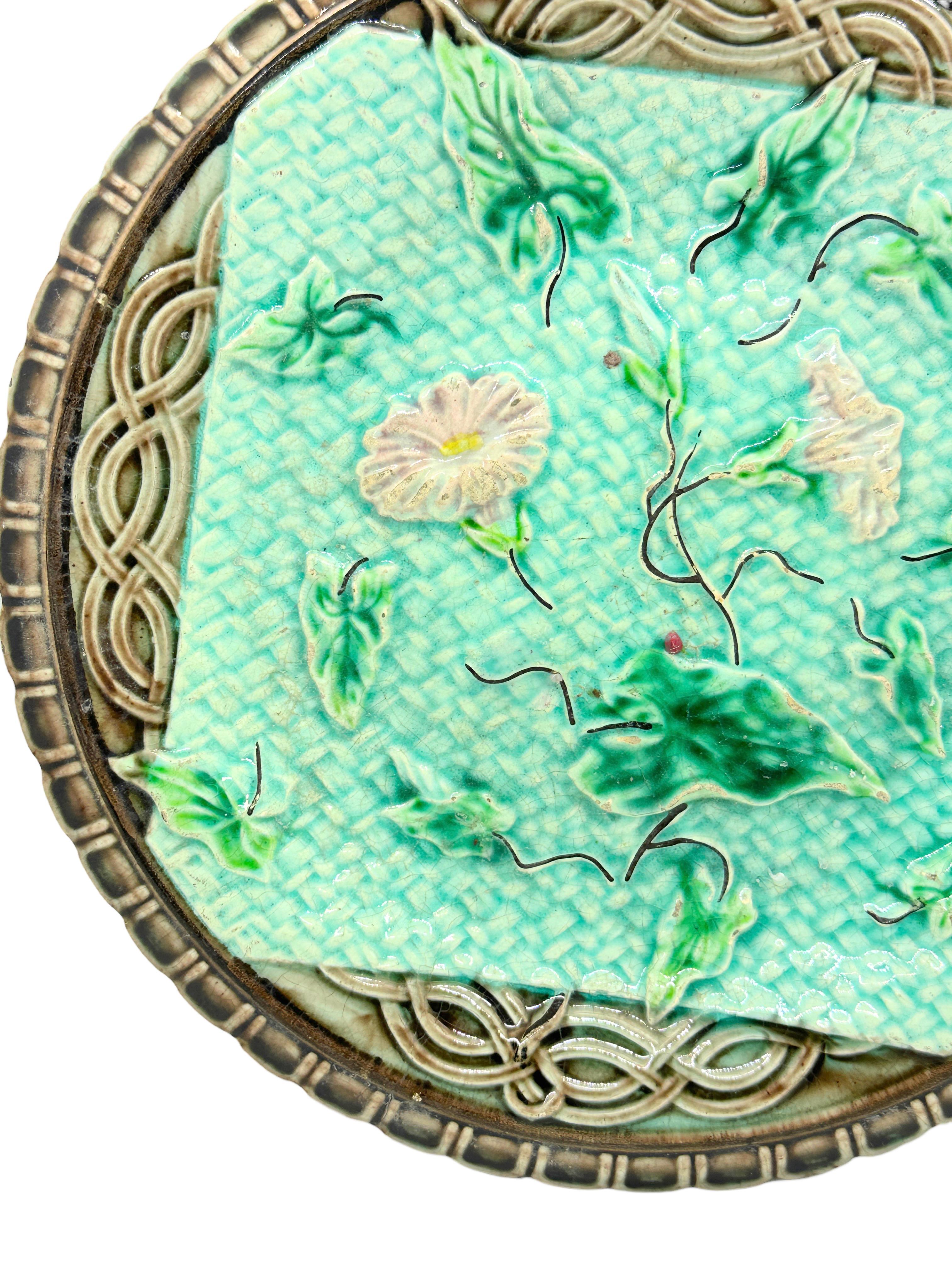 German Majolica Plate with Morning Glory, circa 1900 For Sale 4
