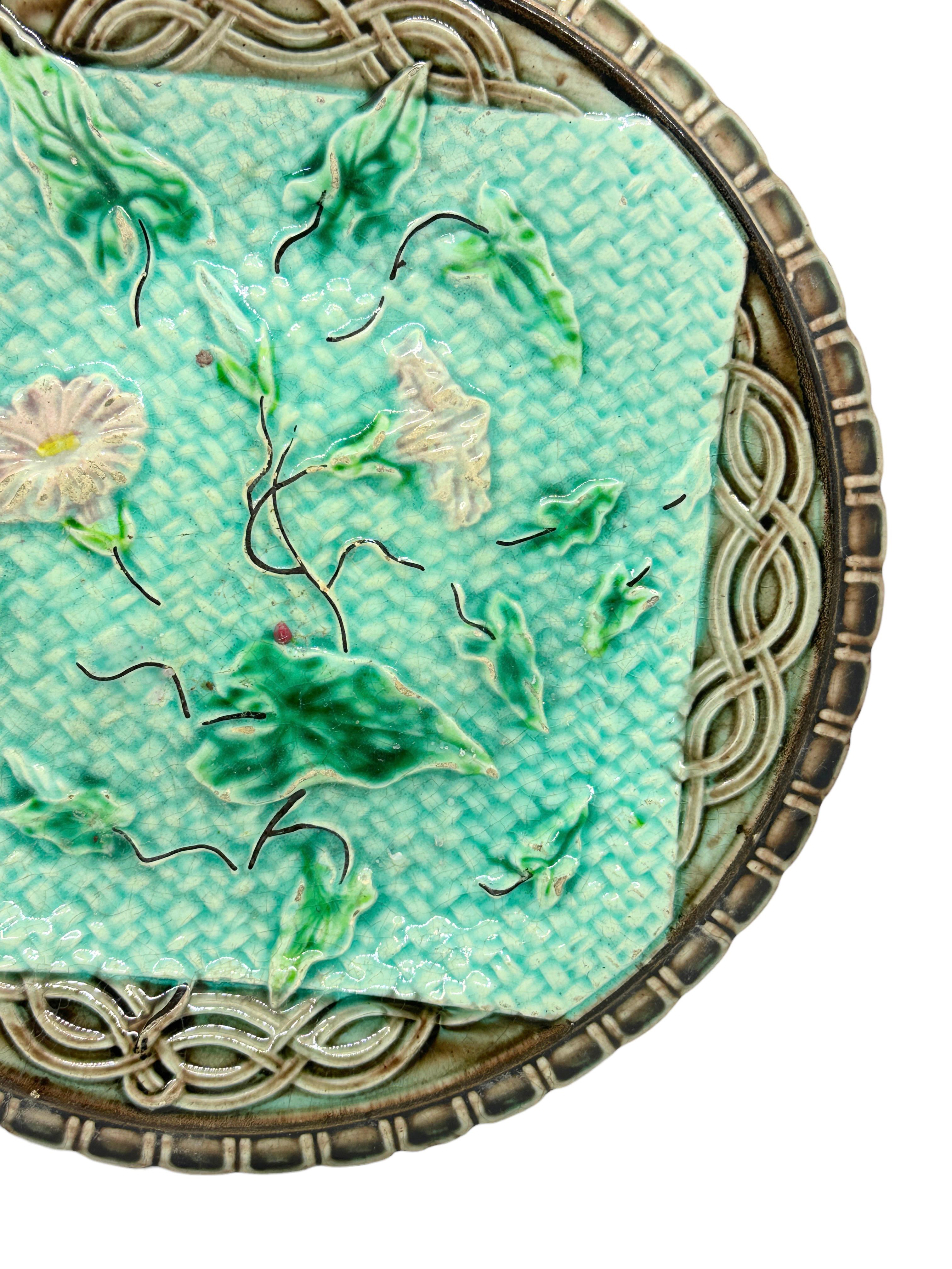 German Majolica Plate with Morning Glory, circa 1900 For Sale 5