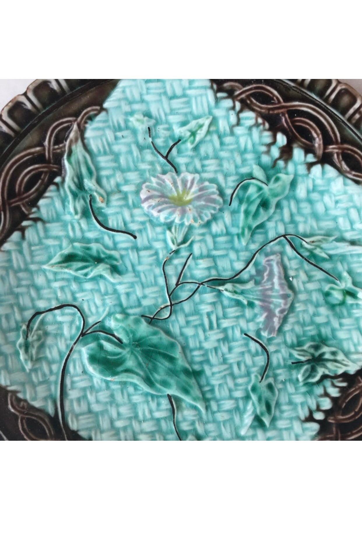 Art Nouveau German Majolica Plate with Morning Glory, circa 1900 For Sale