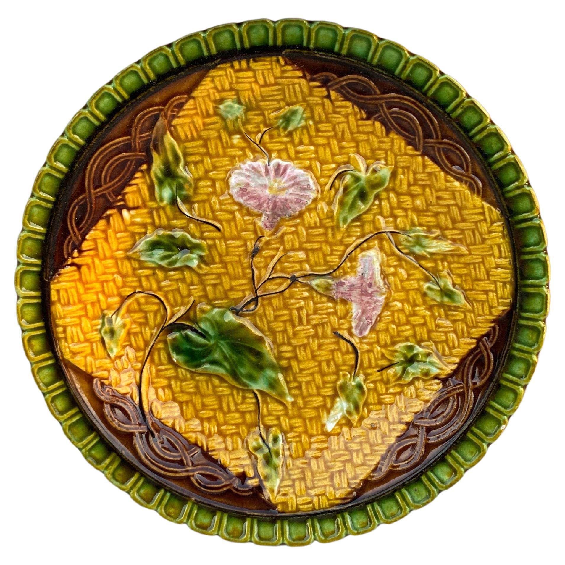 German Majolica Plate with Morning Glory, circa 1900 For Sale