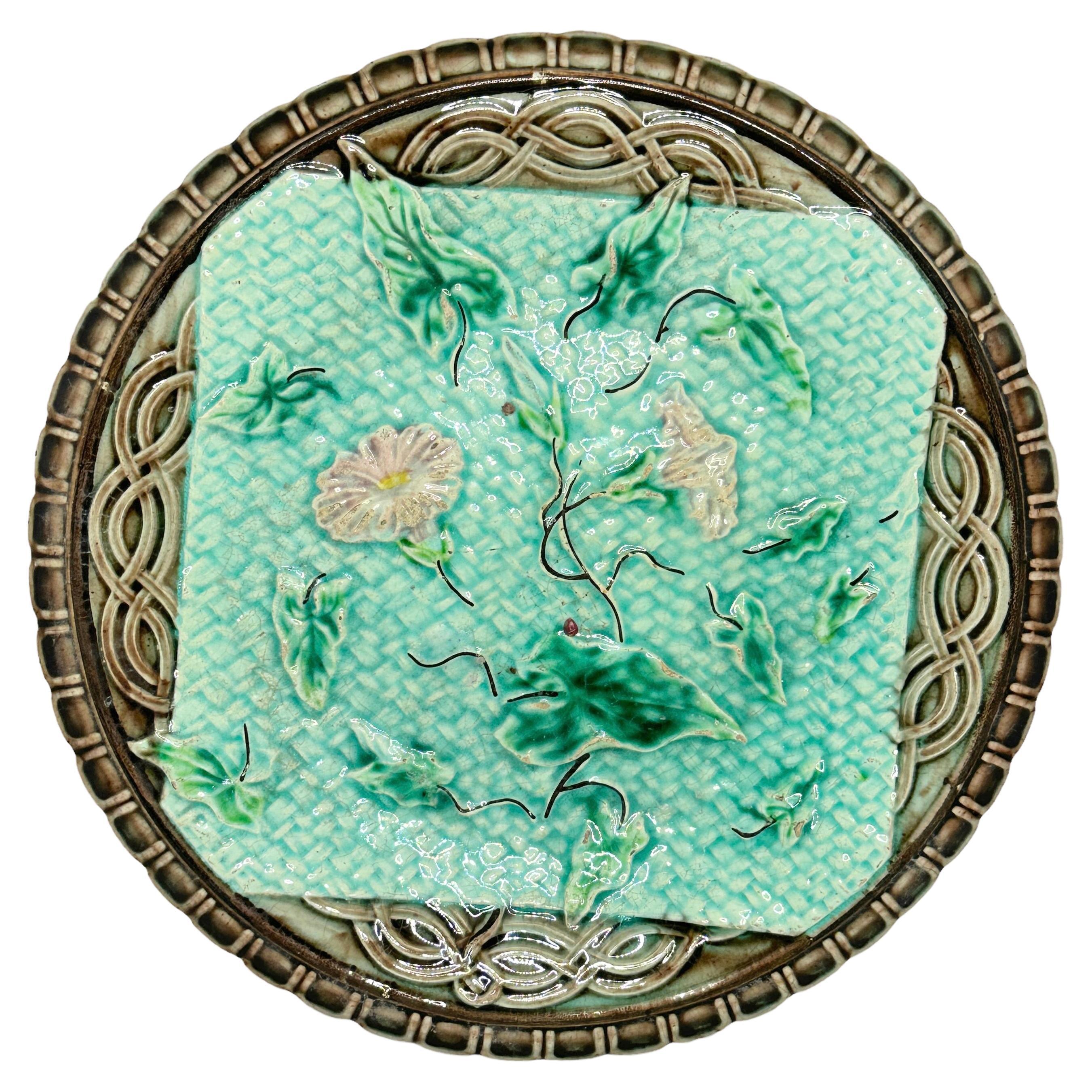 German Majolica Plate with Morning Glory, circa 1900 For Sale