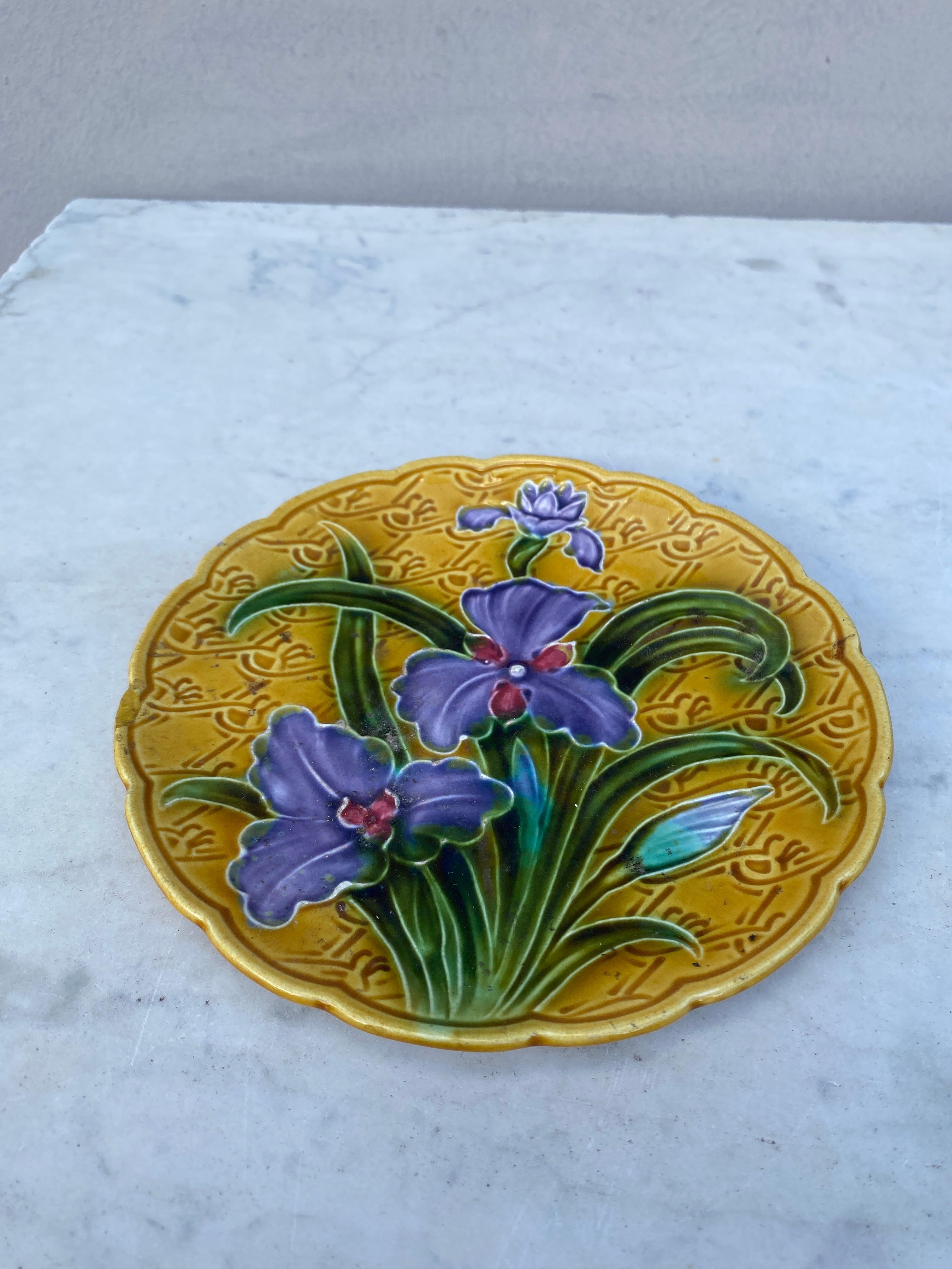 German Majolica Purple Iris Plate signed St F G, circa 1900.
6.5 diameter.