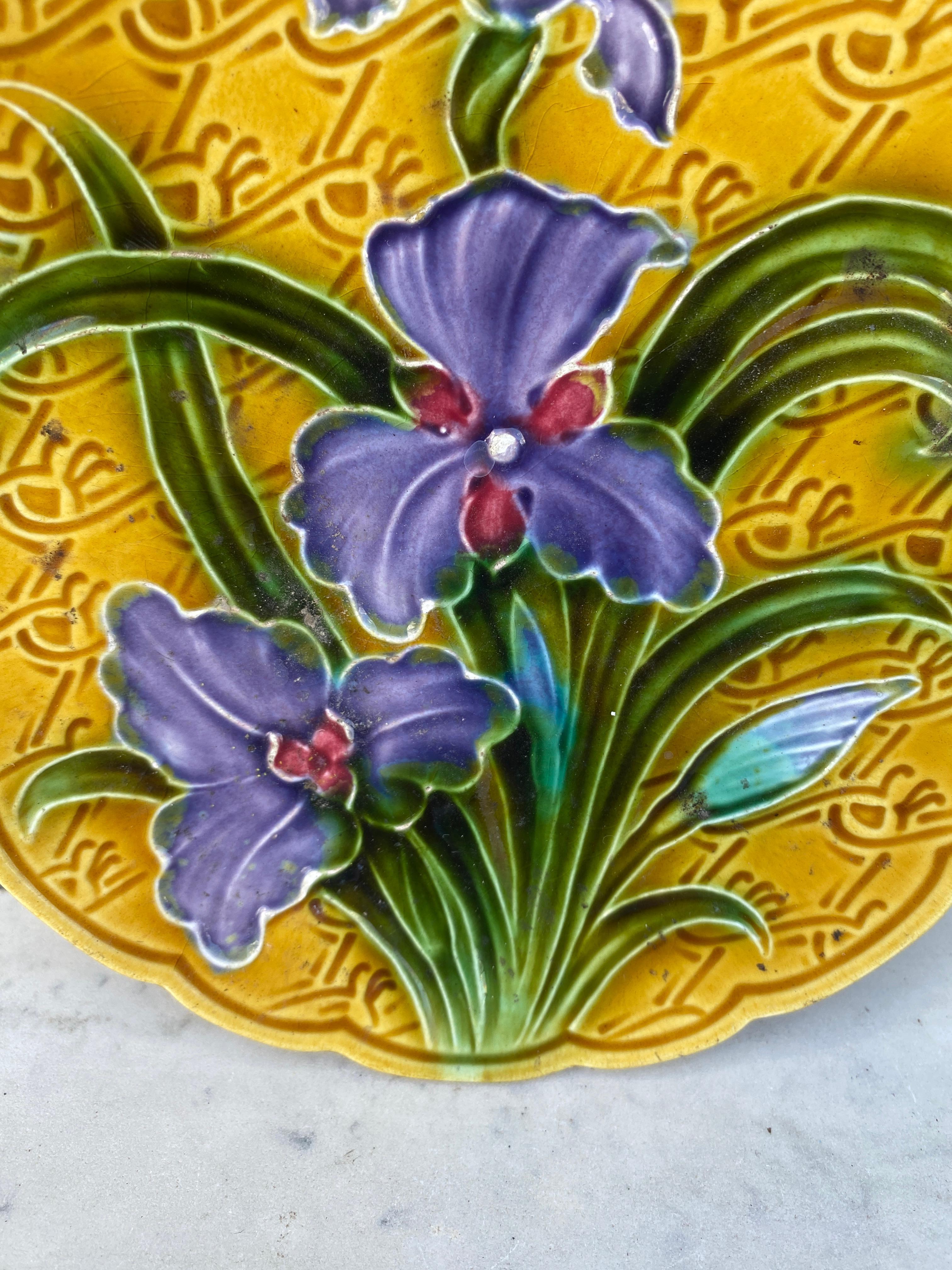 Art Nouveau German Majolica Purple Iris Plate, circa 1900