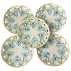 German Majolica Reticulated Blue Flowers Plate, circa 1890