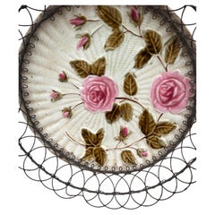 German Majolica Roses Wire Basket circa 1900
