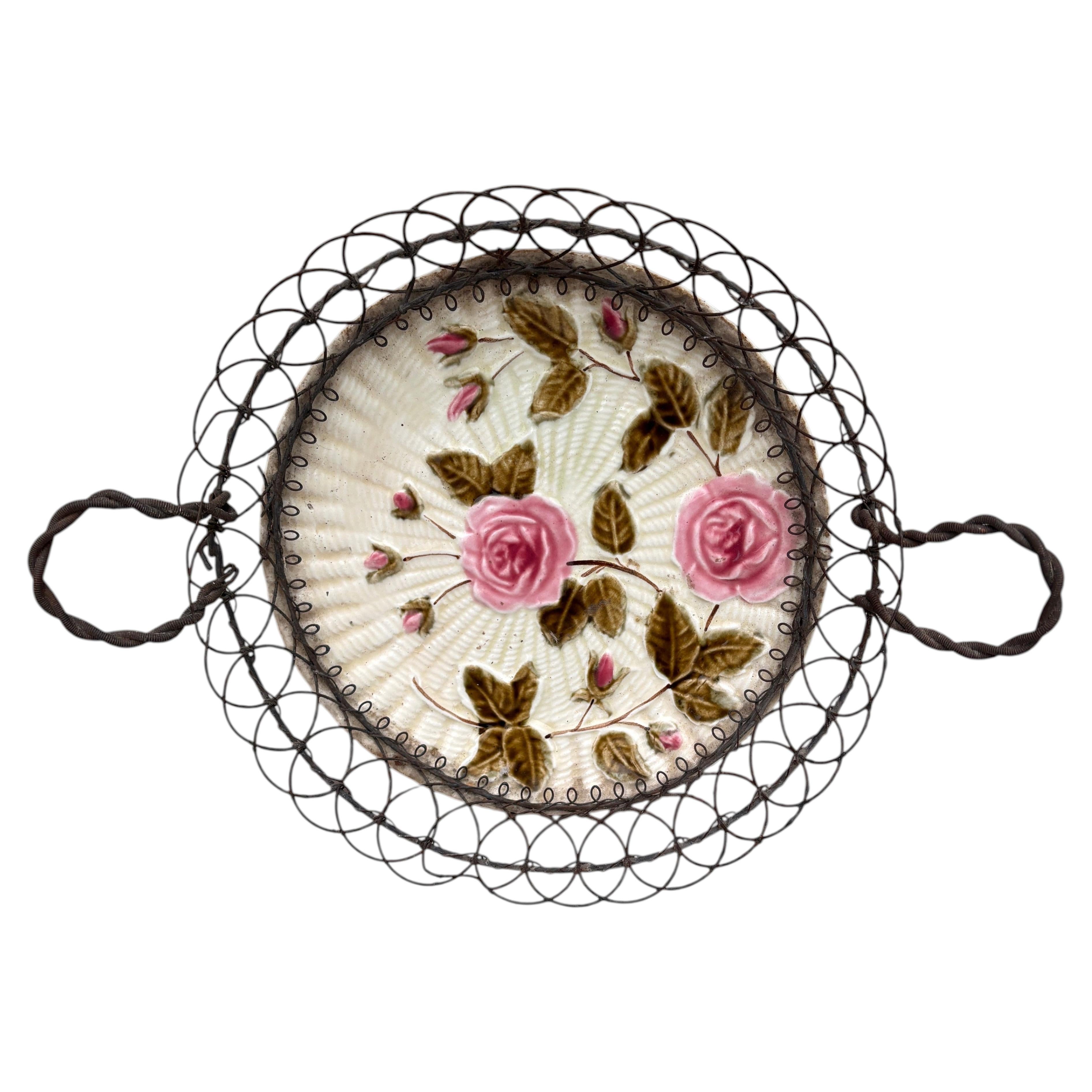 German Majolica Roses Wire Basket circa 1900