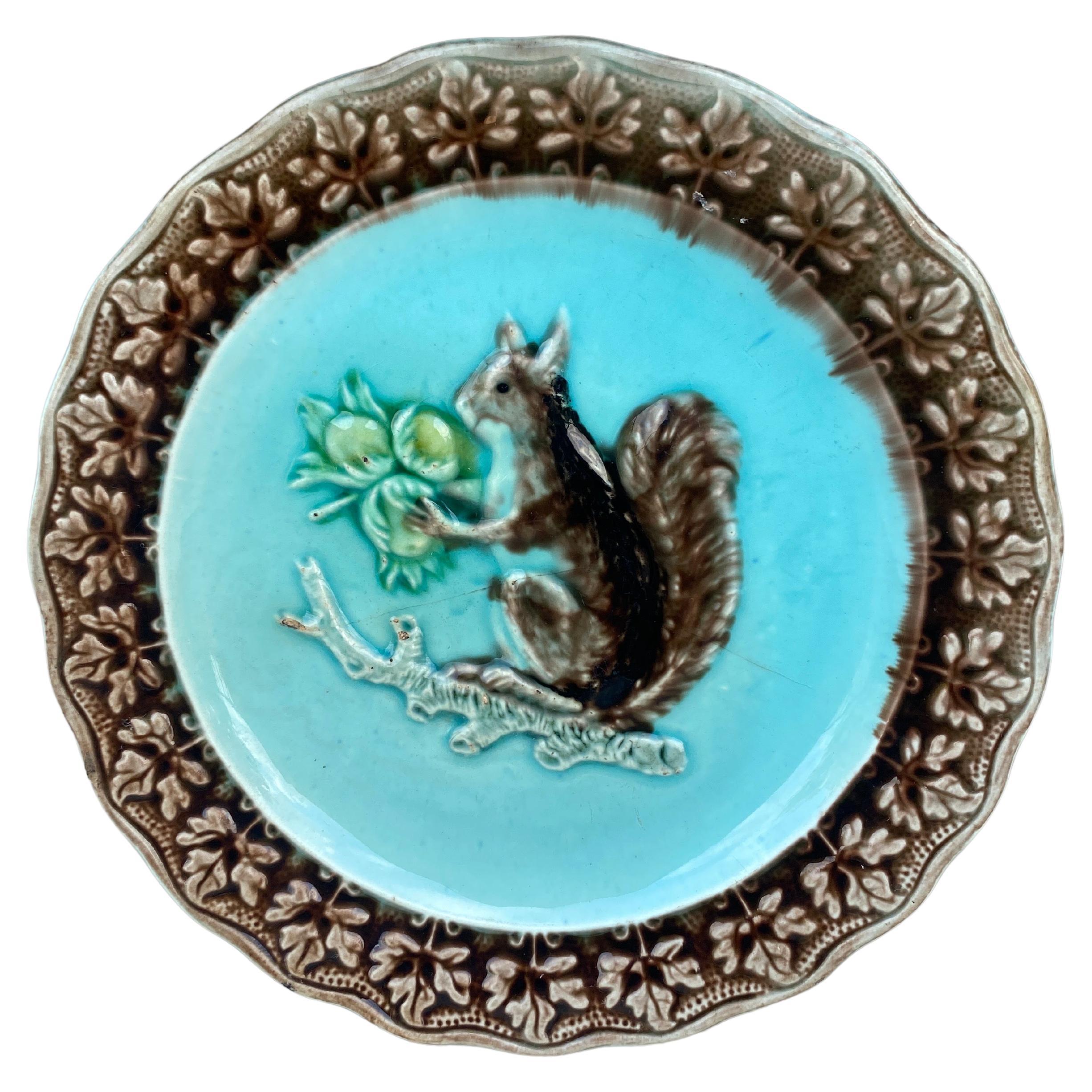 German Majolica Squirrel Plate Circa 1900