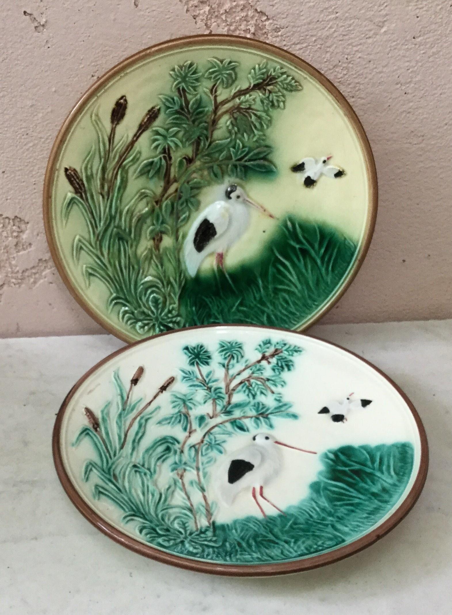 Early 20th Century German Majolica Stork Plate, circa 1900 For Sale