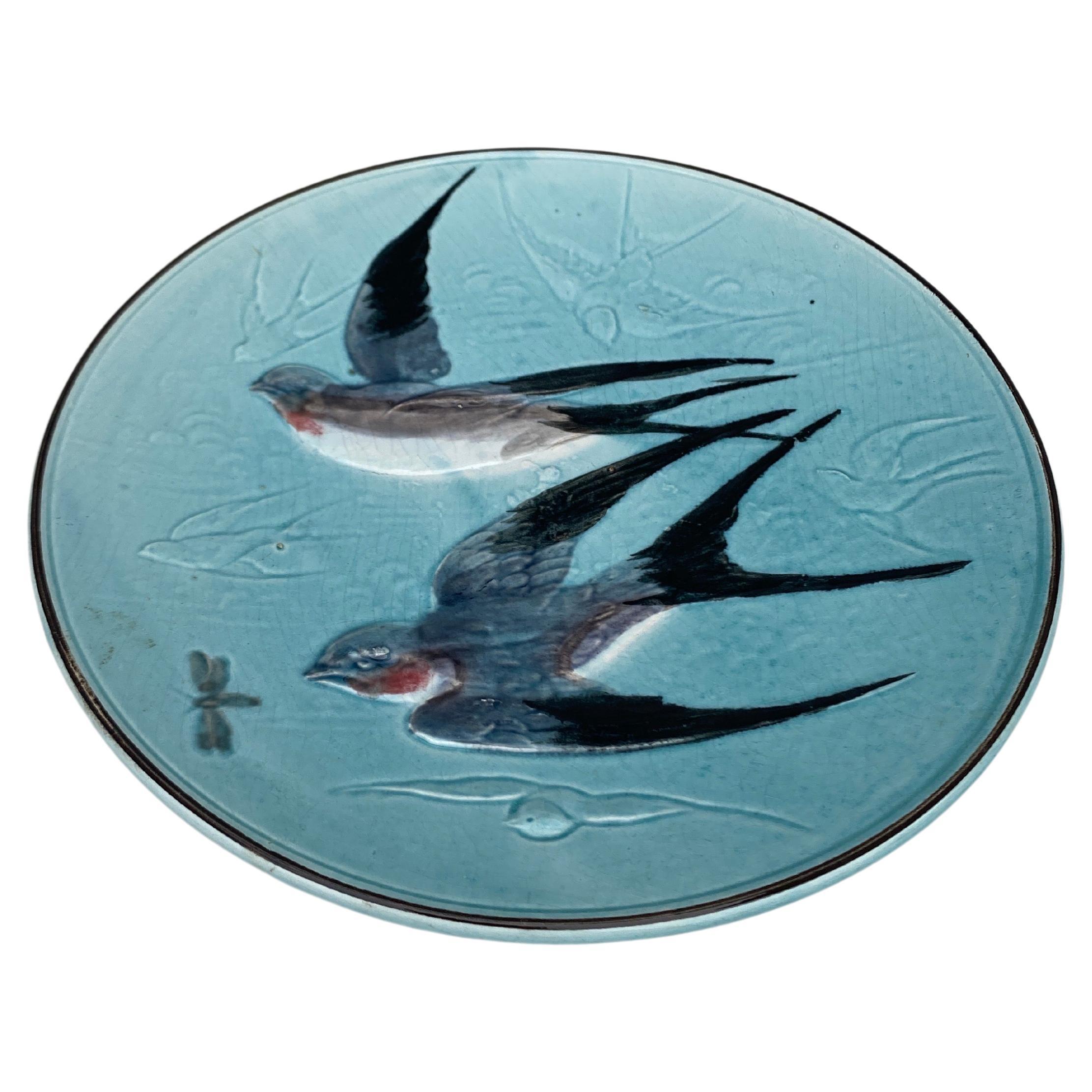 German majolica aqua plate with birds swallow and insect circa 1900.
