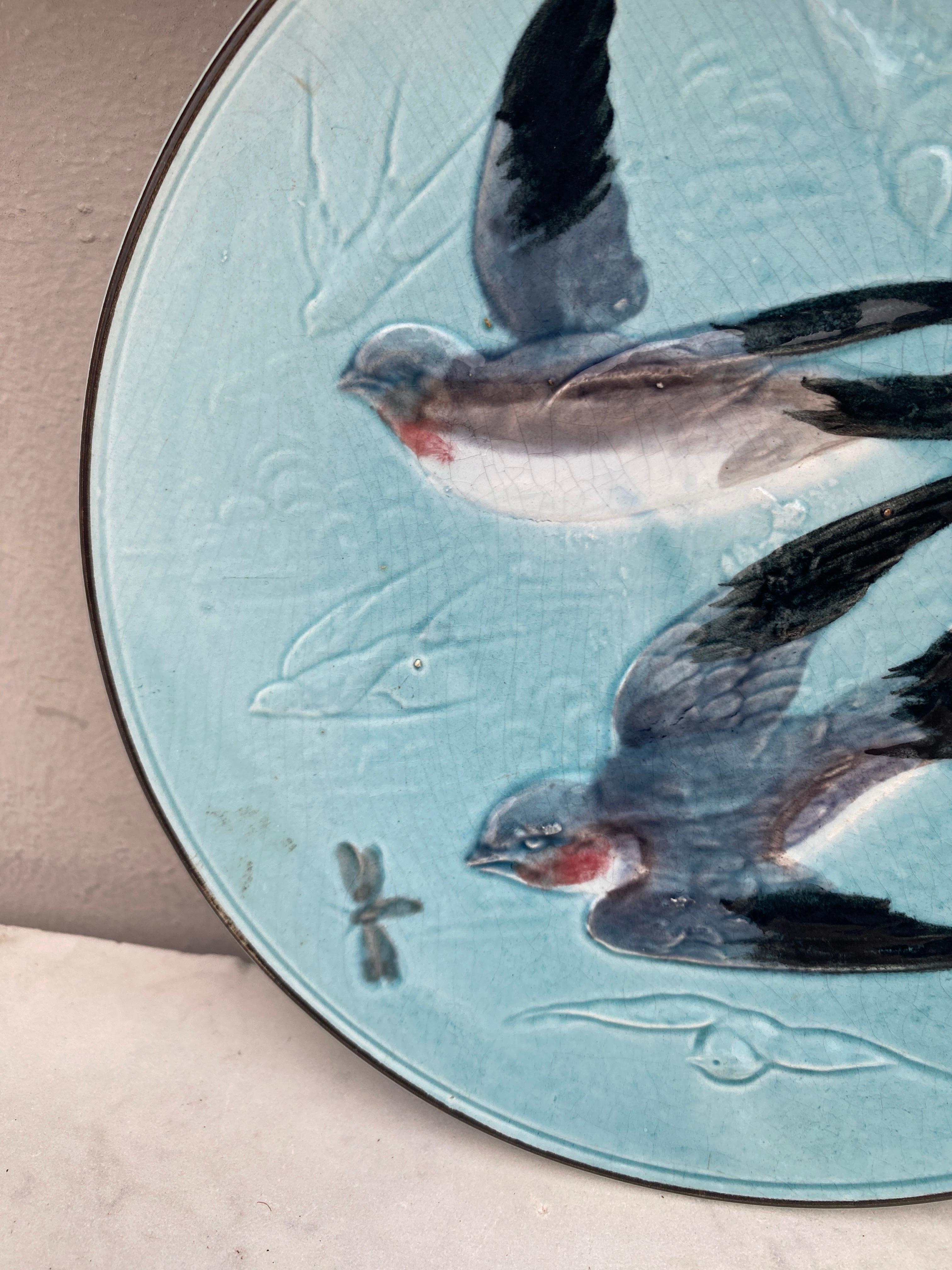 Aesthetic Movement German Majolica Swallows Plate, circa 1900 For Sale