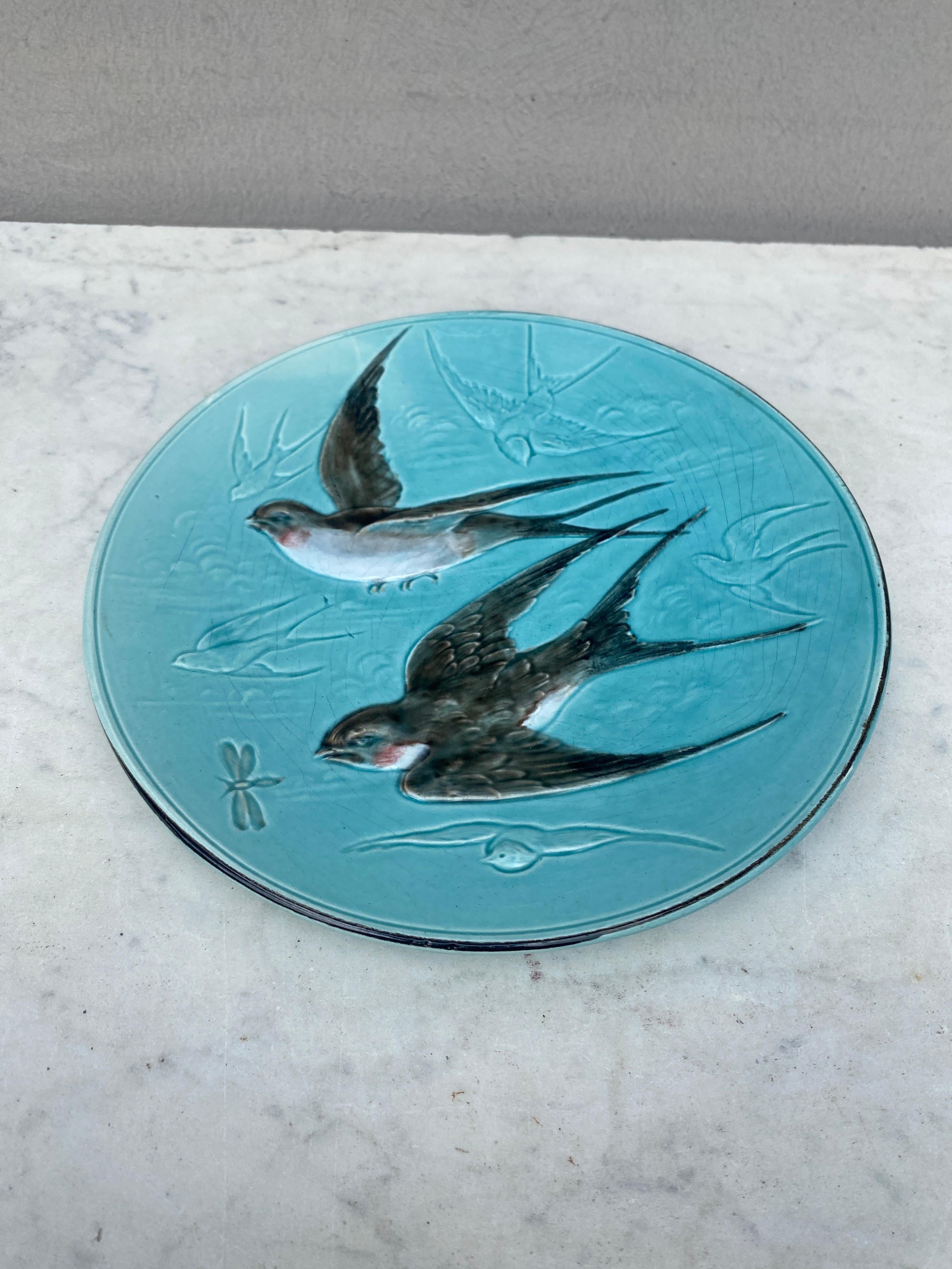 Aesthetic Movement German Majolica Swallows Plate, circa 1900 For Sale