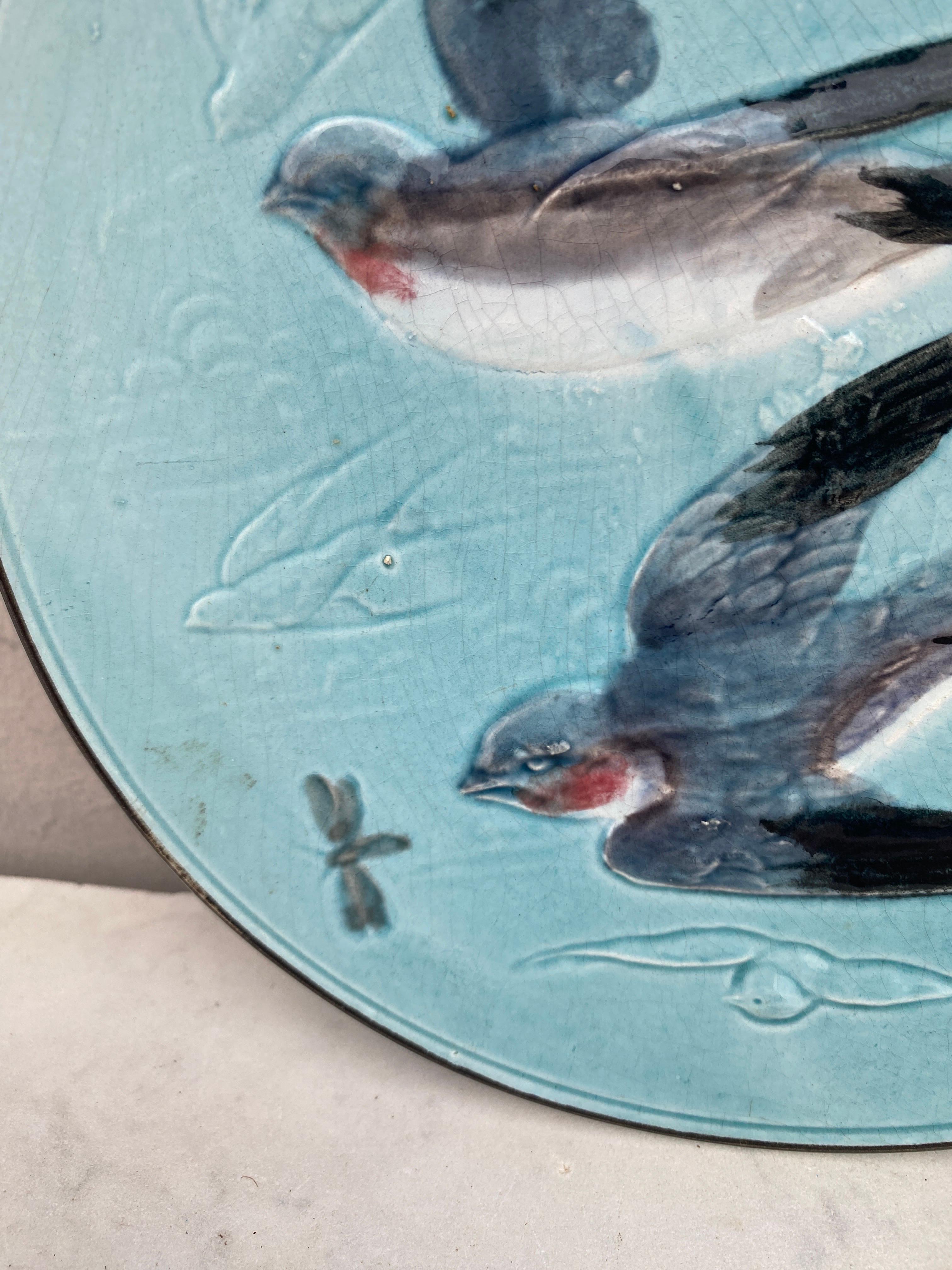 Early 20th Century German Majolica Swallows Plate, circa 1900 For Sale