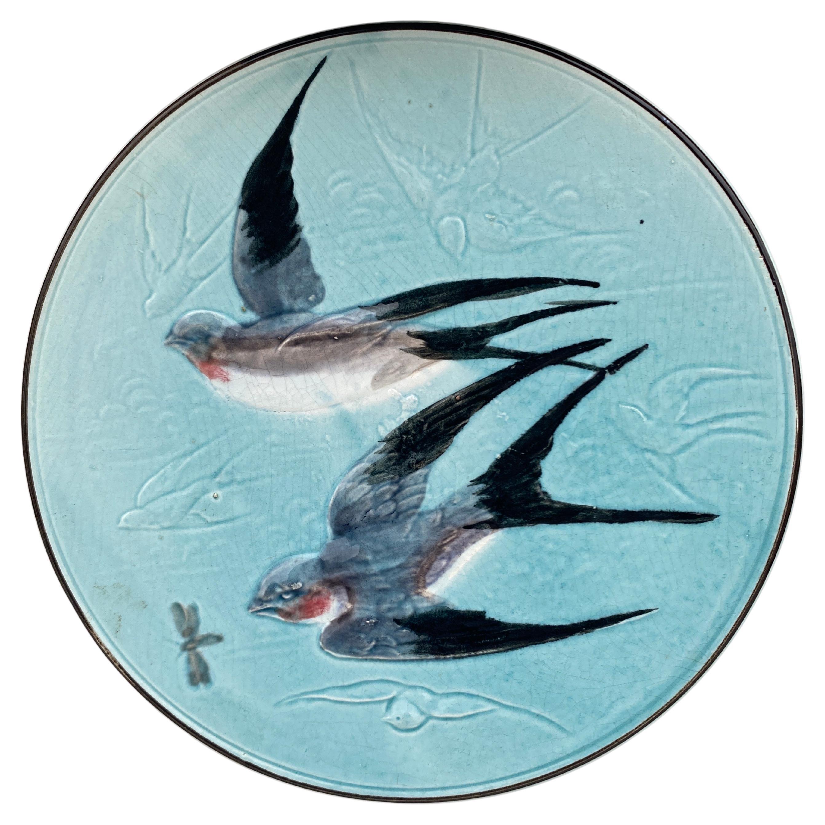 German Majolica Swallows Plate, circa 1900 For Sale