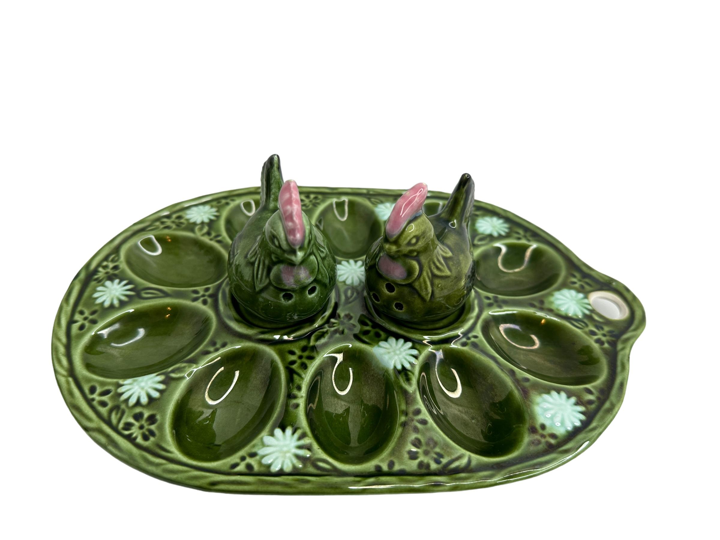 20th century German majolica plate platter for serving eggs with two chicken as salt and pepper shakers. Nice addition to your table or just to display. Please see detailed pictures for very good as found condition. Majolica is a type of earthenware