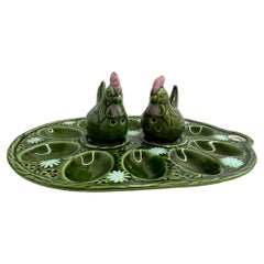 German Majolica Antique Green Ceramic Deviled Egg Plate with Salt Pepper Shaker