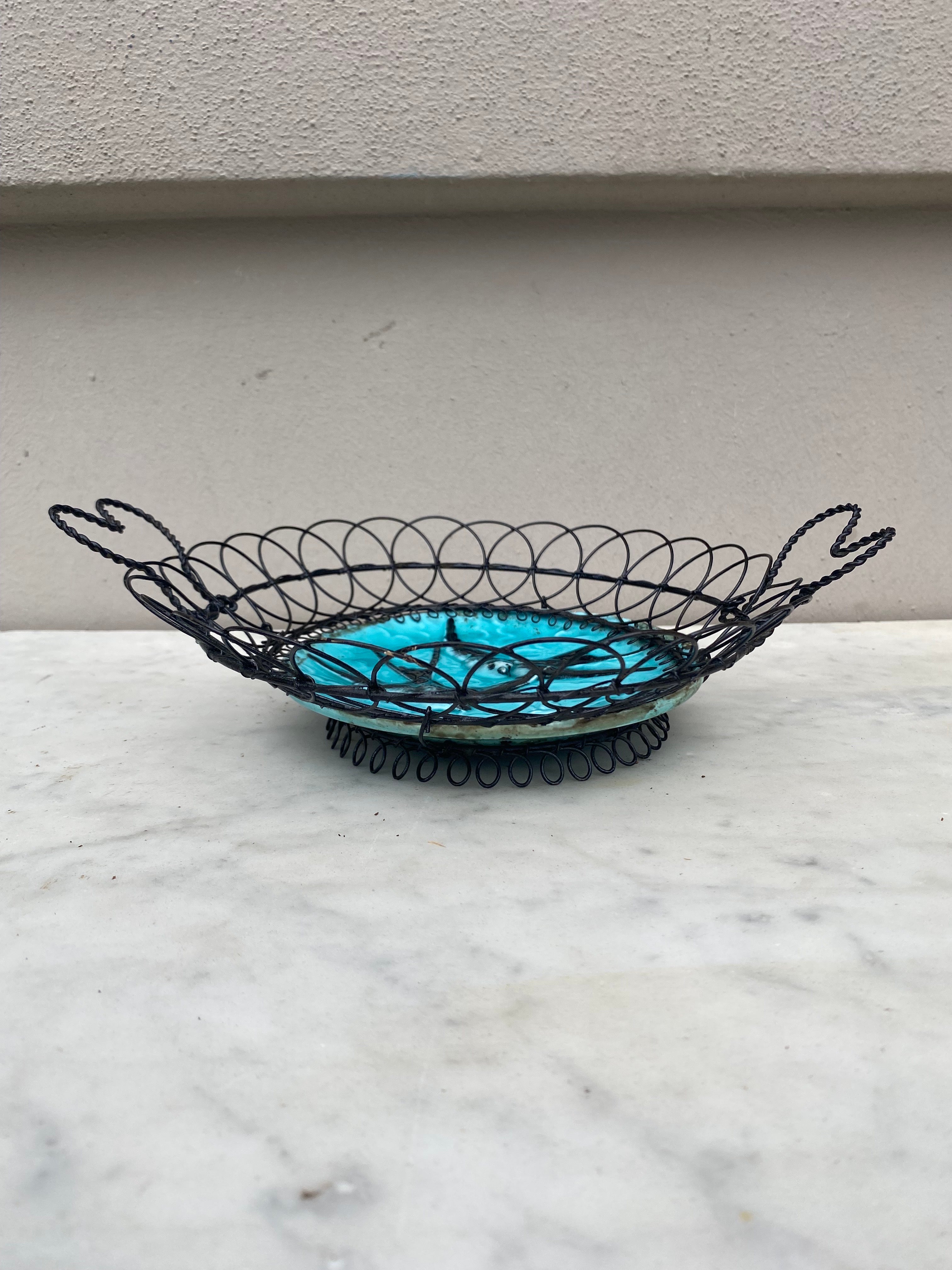 Lovely German wire basket aqua plate with swallows, circa 1900.