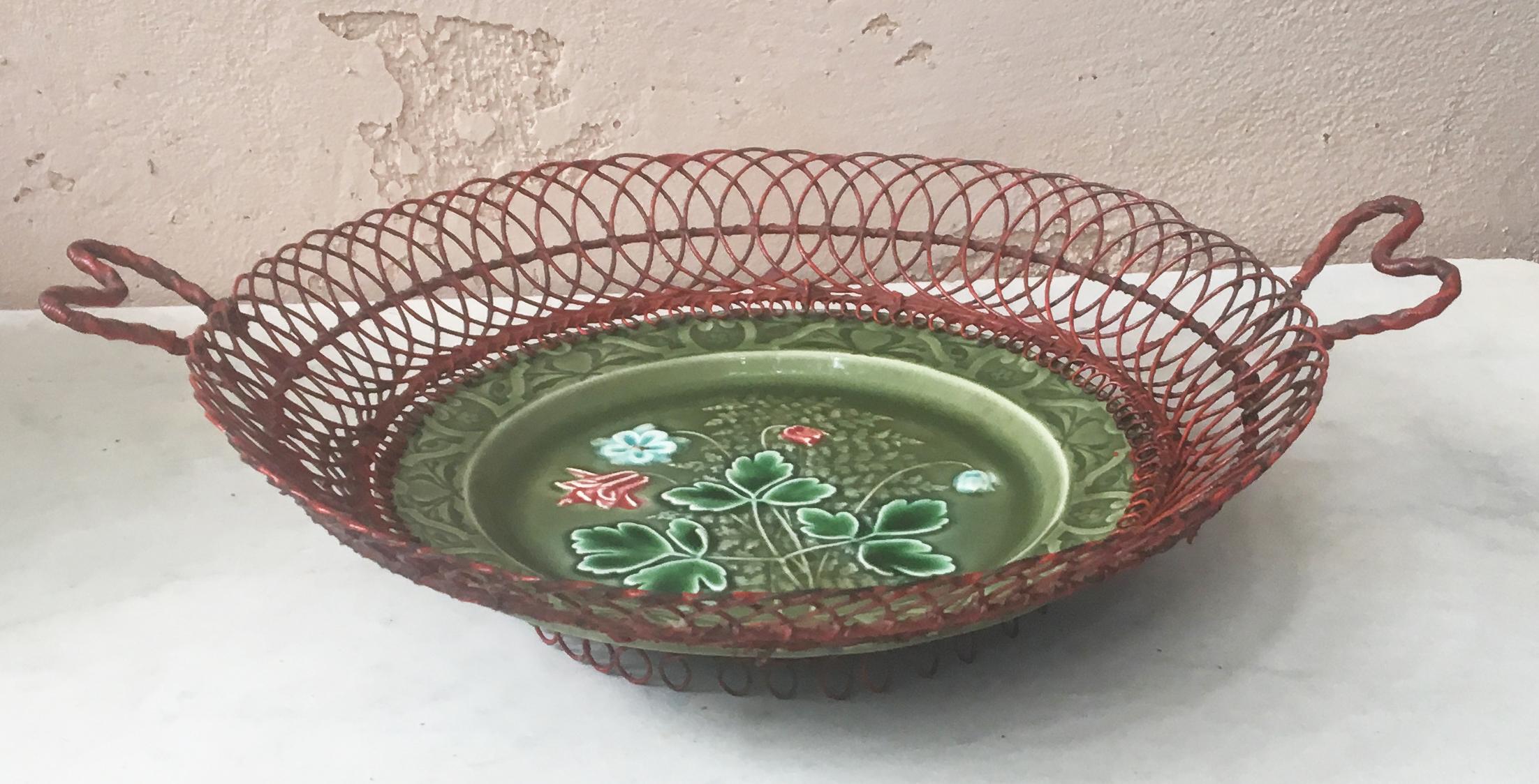 Lovely German Majolica basket with red wire ,plate with red flowers, circa 1900.