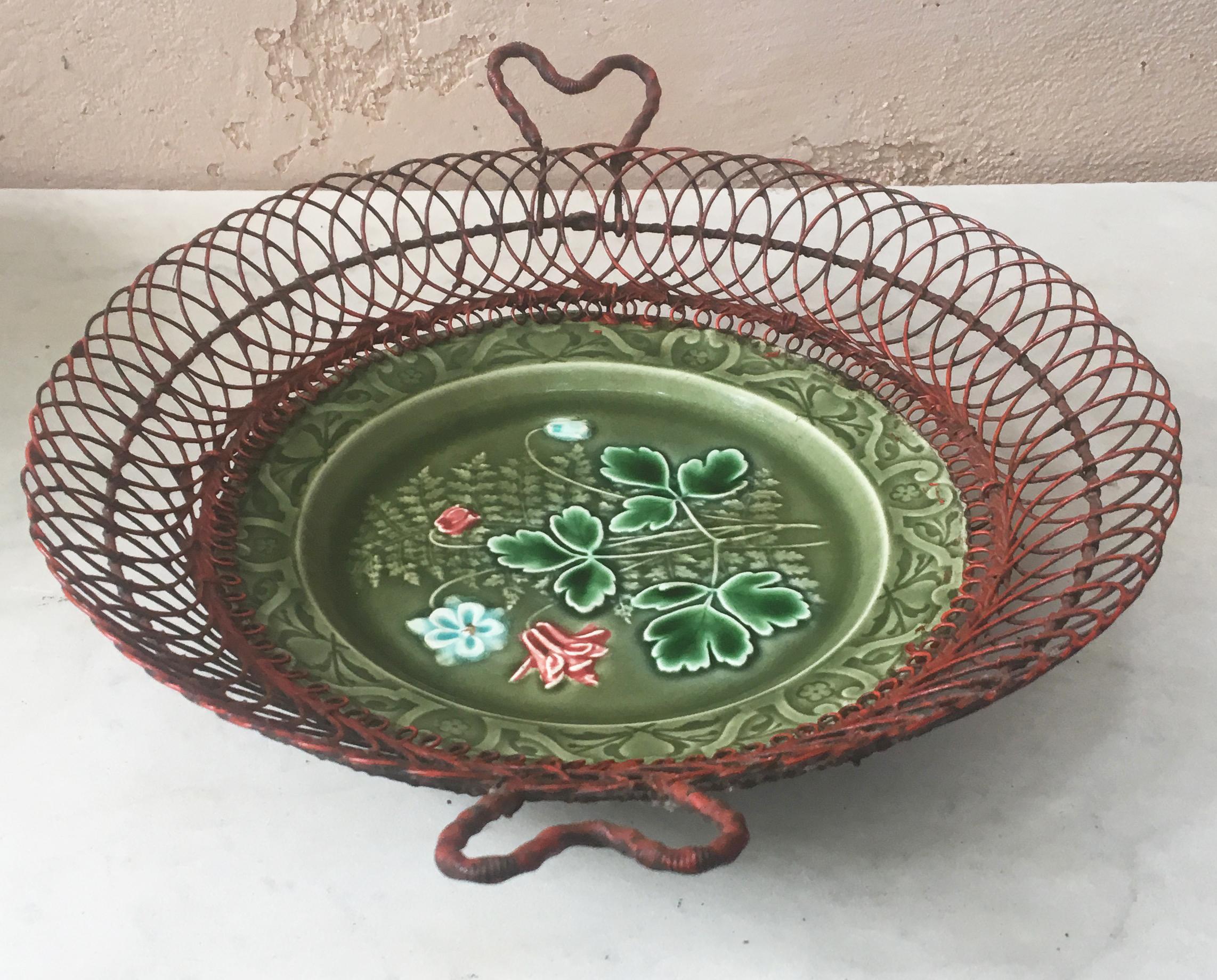 Country German Majolica Wire Red Flowers Basket, circa 1900 For Sale