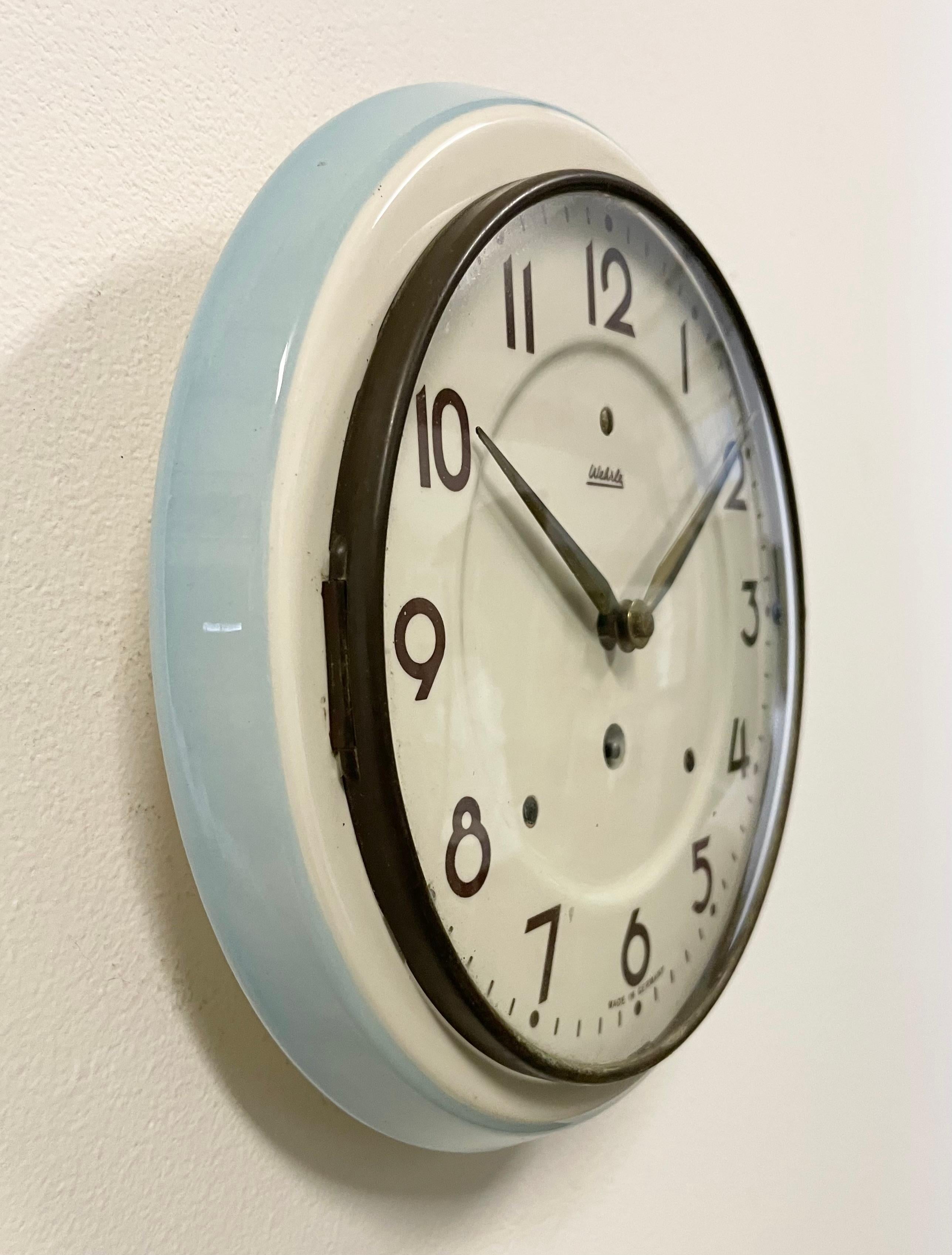 Industrial German Mechanical Ceramic Wall Clock from Wehrle, 1960s