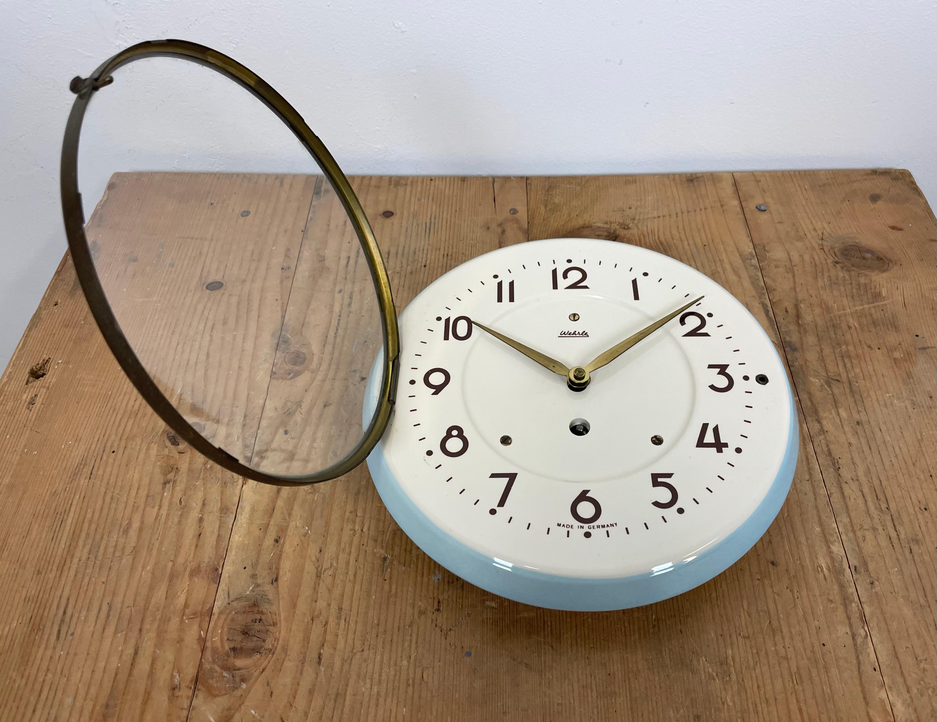 Brass German Mechanical Ceramic Wall Clock from Wehrle, 1960s