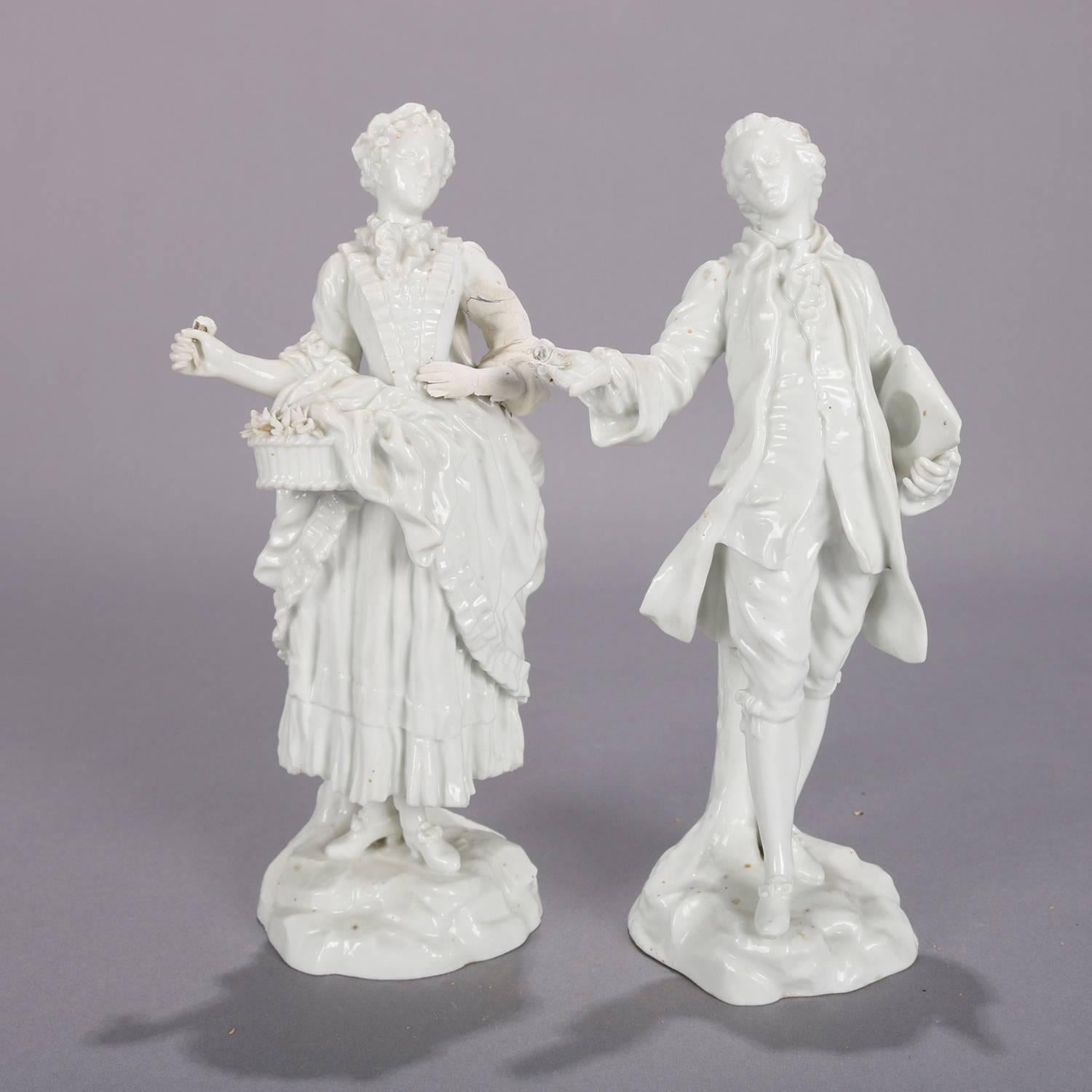 German Meissen Blanc de Chine style porcelain figures of courting couple in Colonial garb, crossed sword mark on base, circa 1880.

Measure: 9.5