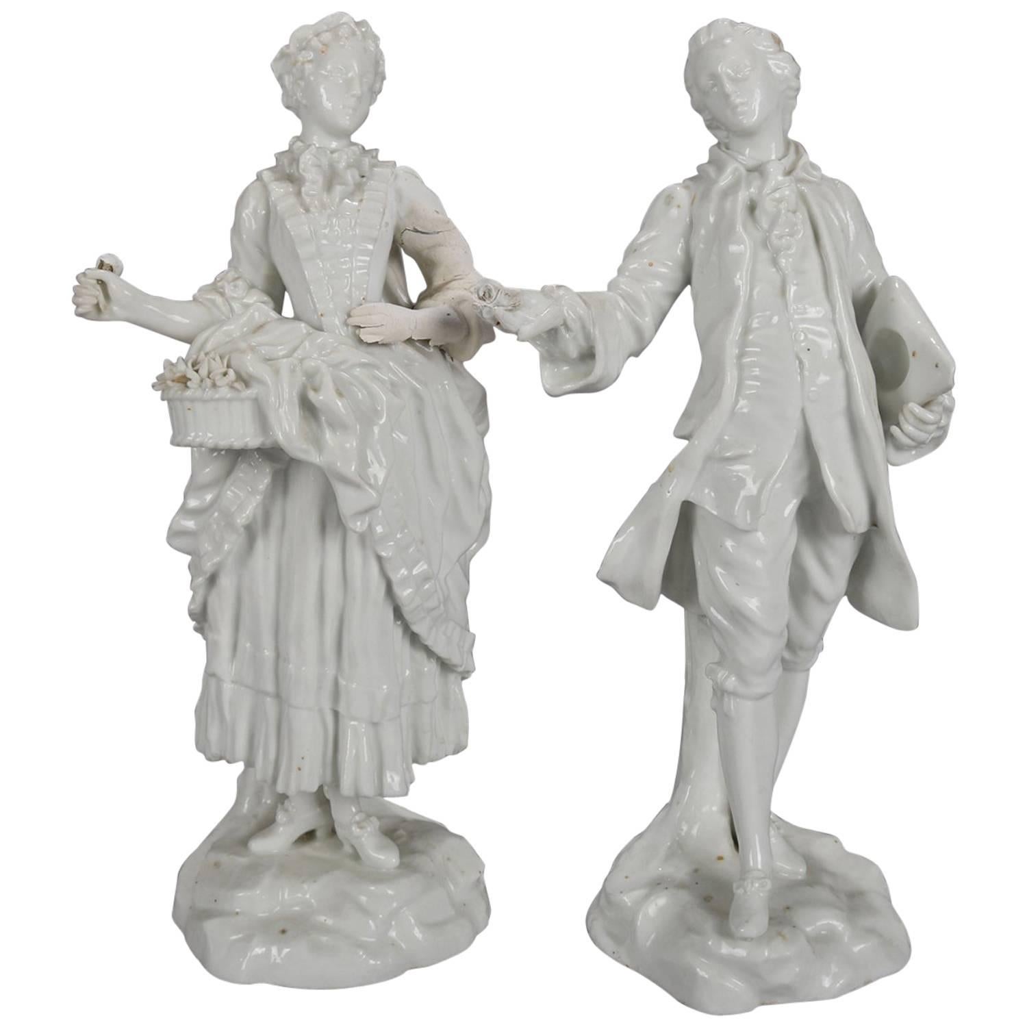 German Meissen Blanc de Chine Style Porcelain Figures, Courting Couple