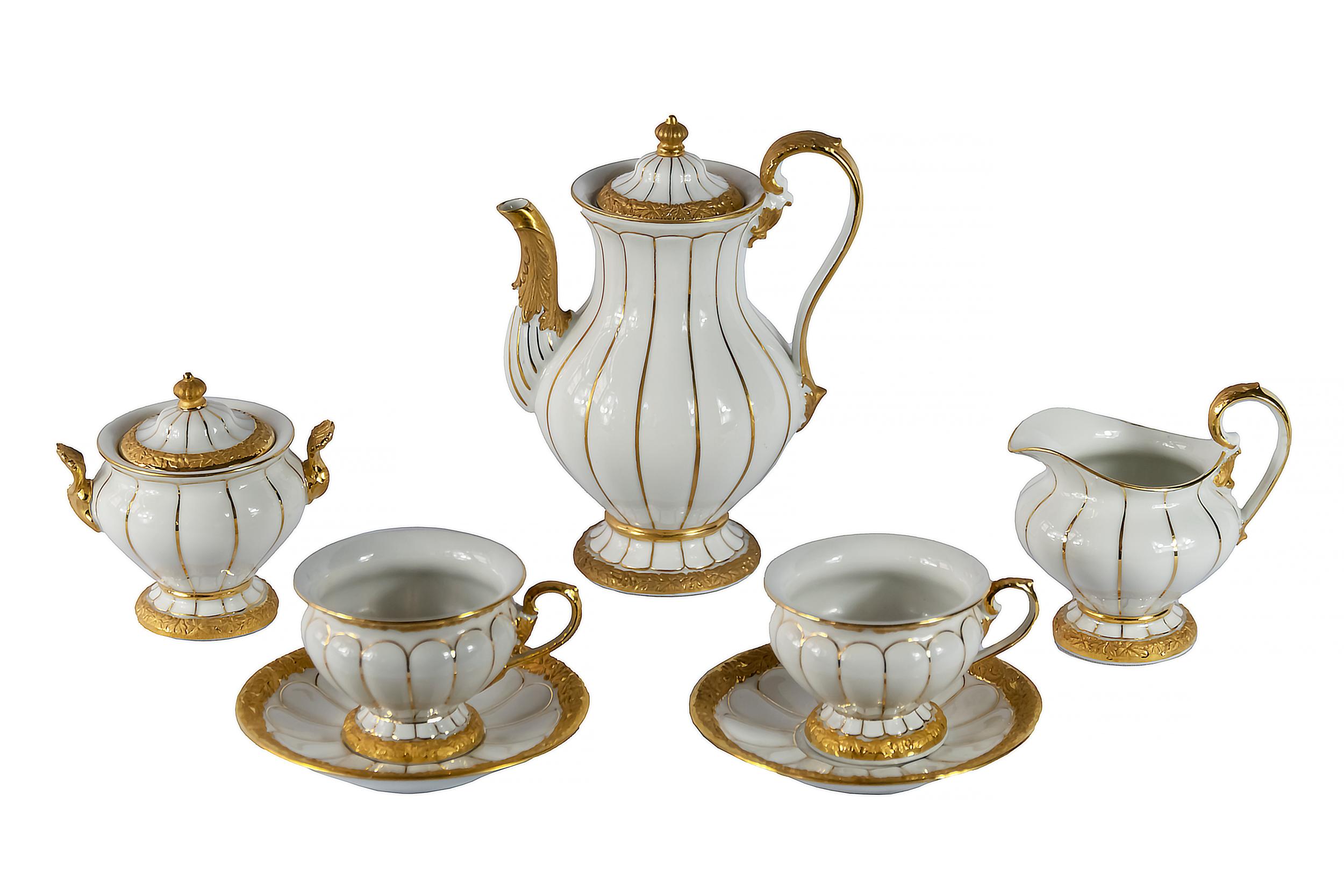 German Meissen porcelain coffee set for 2 persons.
Including coffee pot, milk jug, sugar bowl and 2 cups with saucers.
Porcelain is hand painted with rich gold decor.
Dimensions: coffee pot: H 17.5 x 13 x 10 cm, coffee cup H 5.7 x 9.5 x7.8