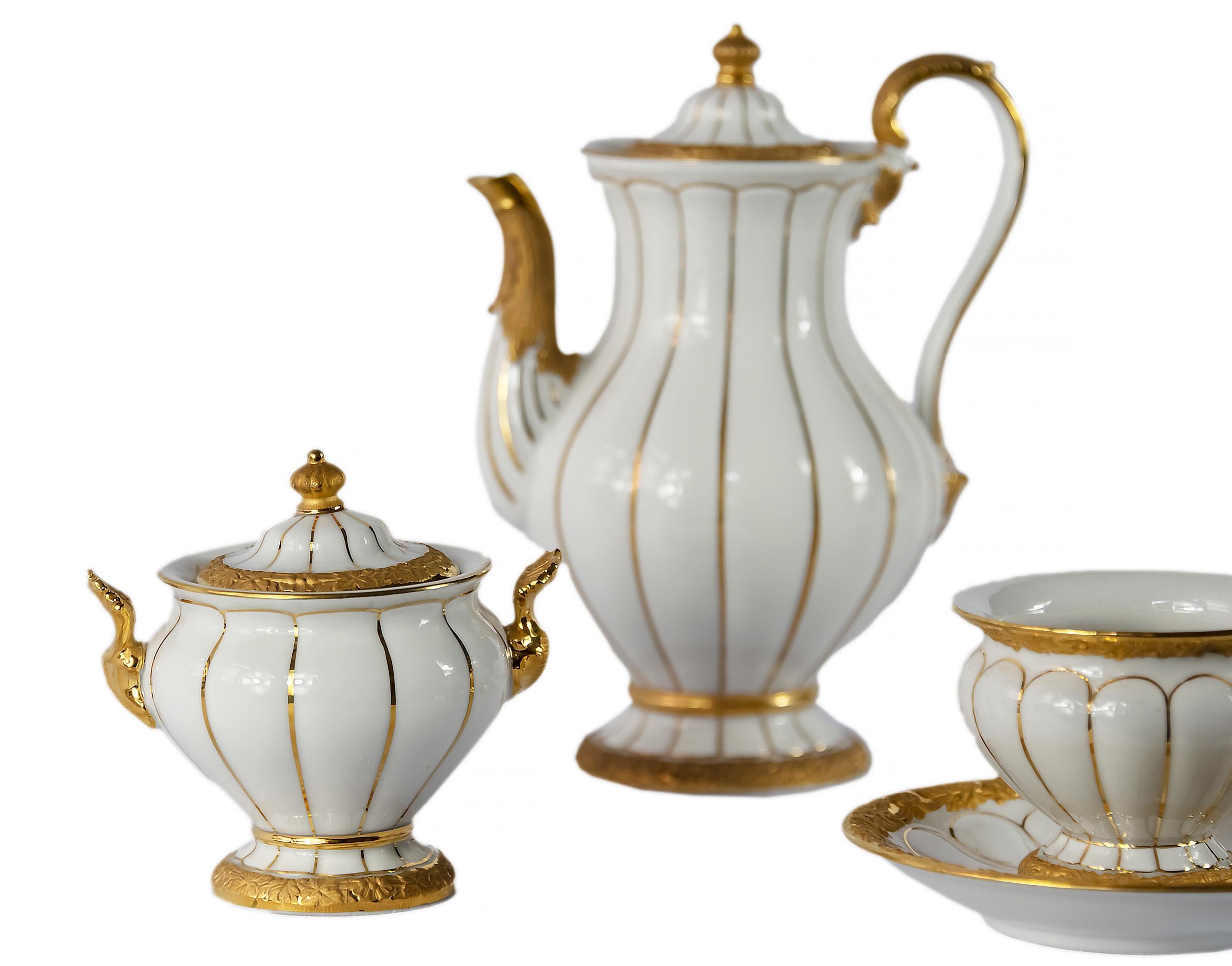 Hand-Crafted German Meissen Gilt Porcelain Coffee Set for 2 Persons